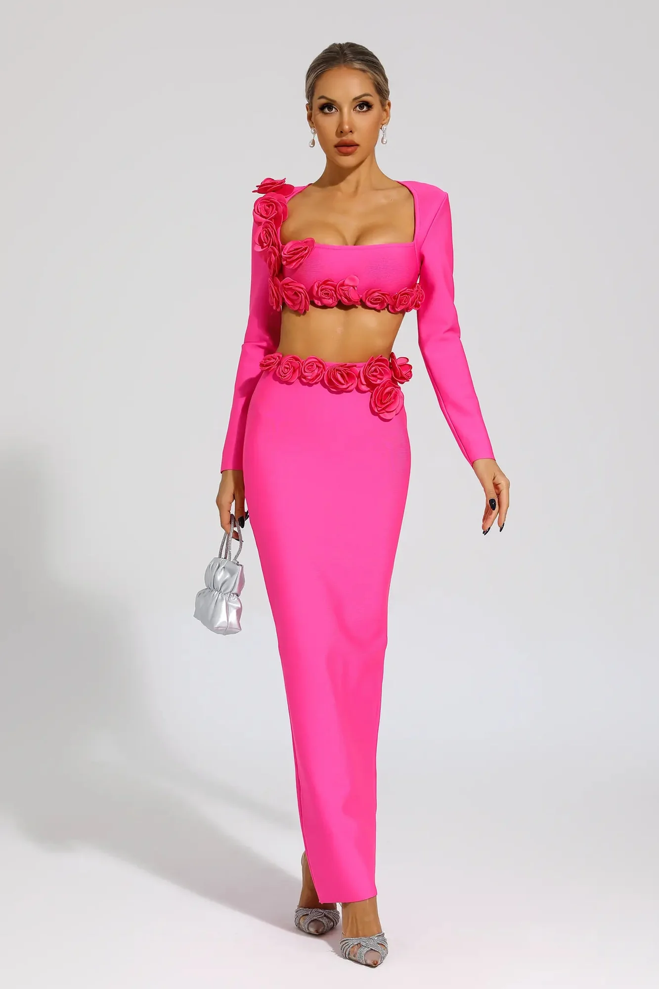 Rose Red Flower Bandage Skirt Set - Fashionable Ensemble