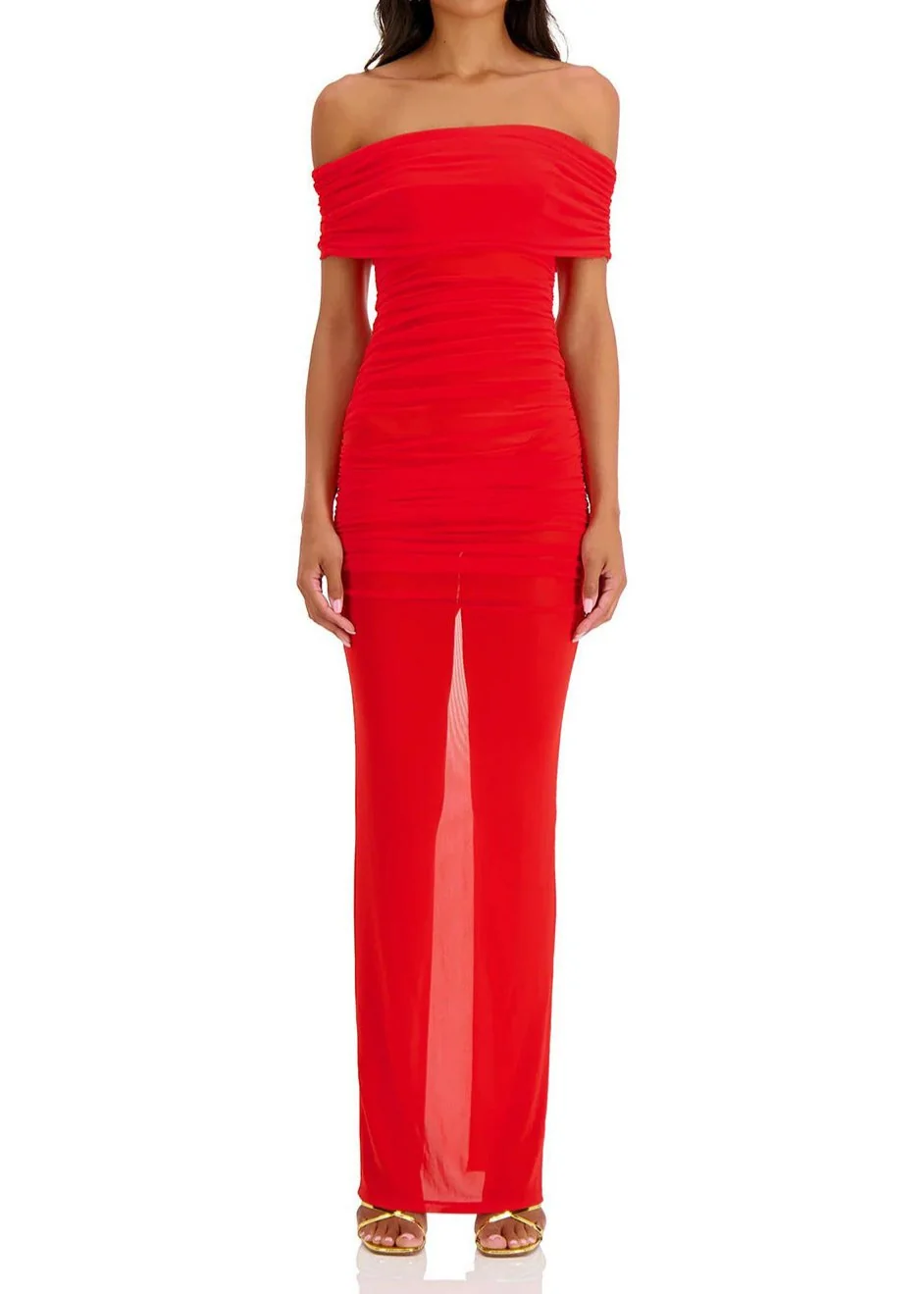 Red Tulle Bandage Off-Shoulder Maxi Dress - Elegant Formal Wear