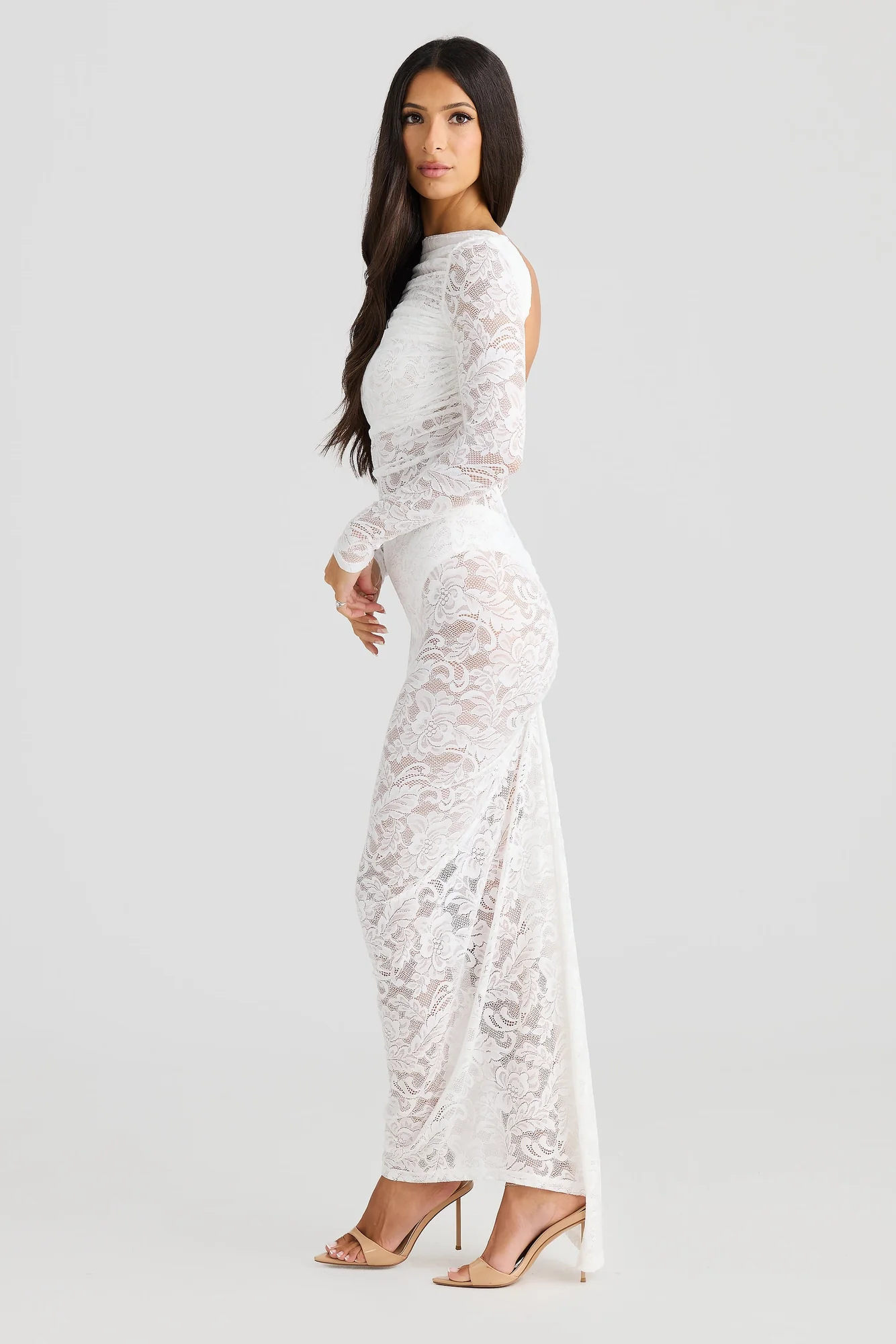 White Lace Maxi Dress with High Gathered Neckline