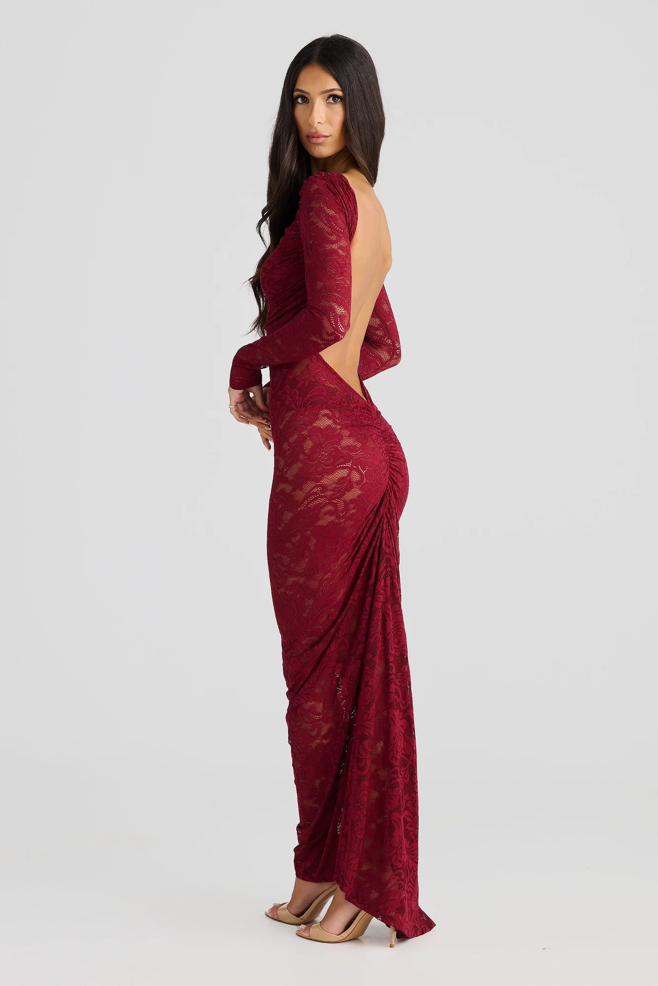Red Lace Maxi Dress with Gathered Neckline