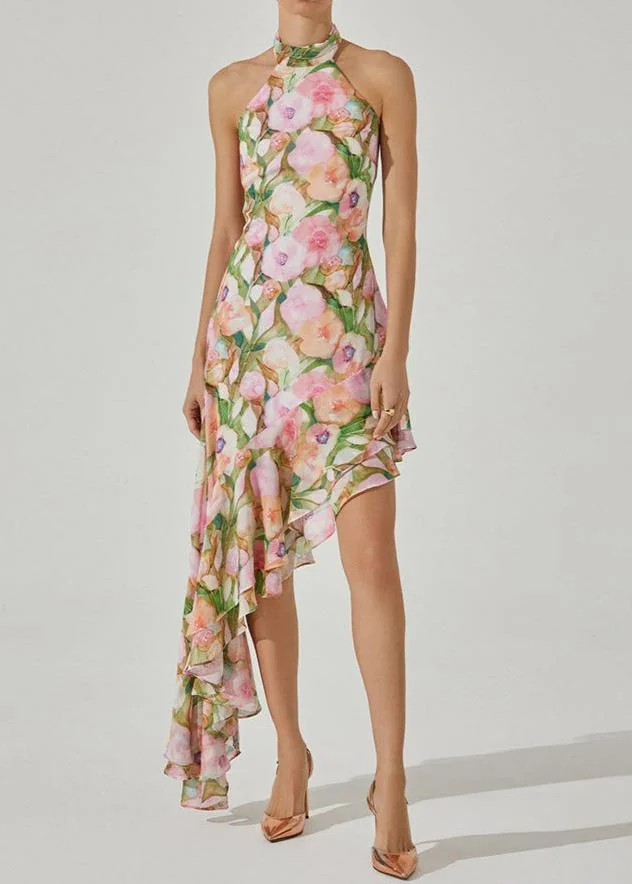 Pink Green Asymmetric Floral Halter Midi Dress - Stylish Comfort