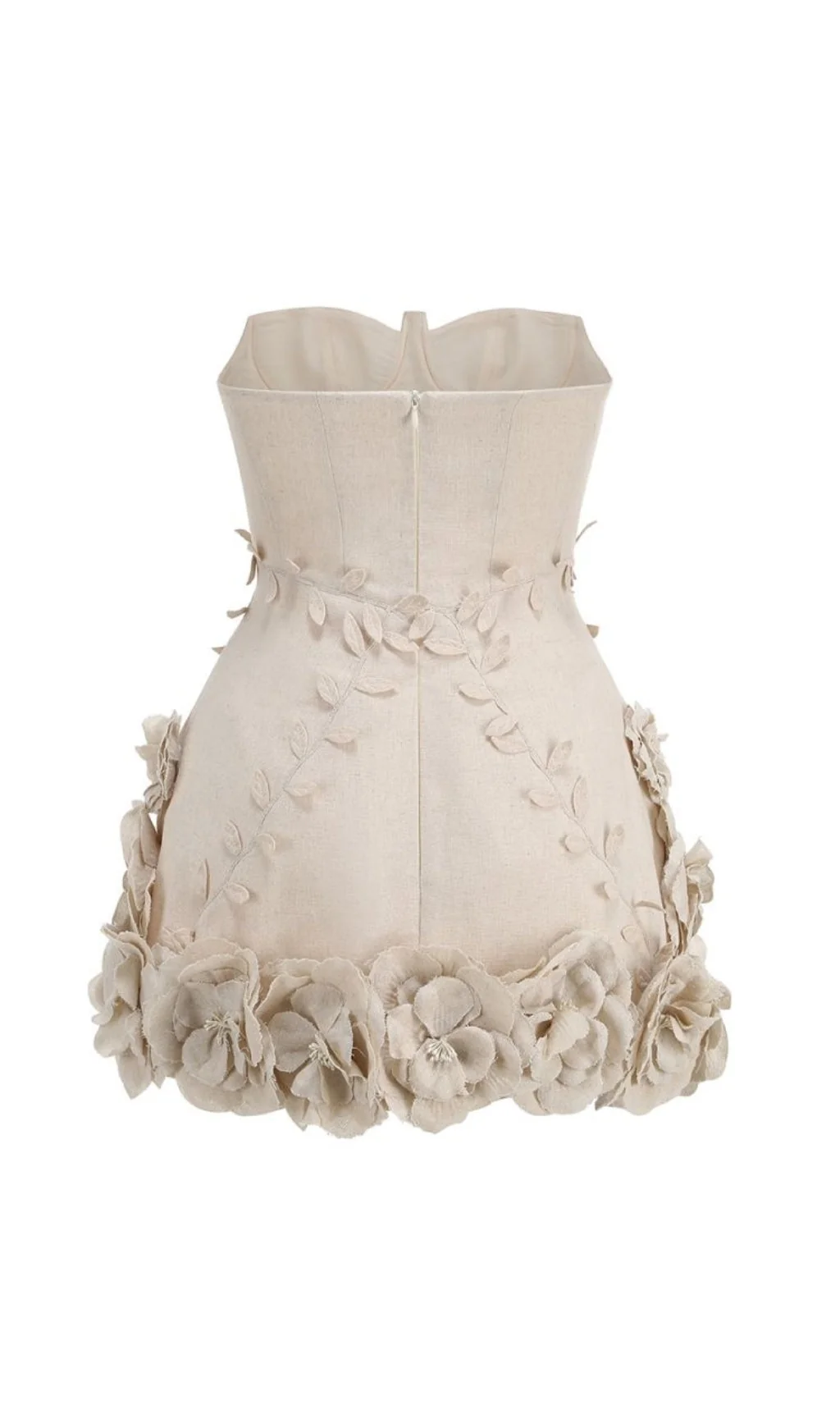 Beige Linen Corset Mini Dress with Flower Details