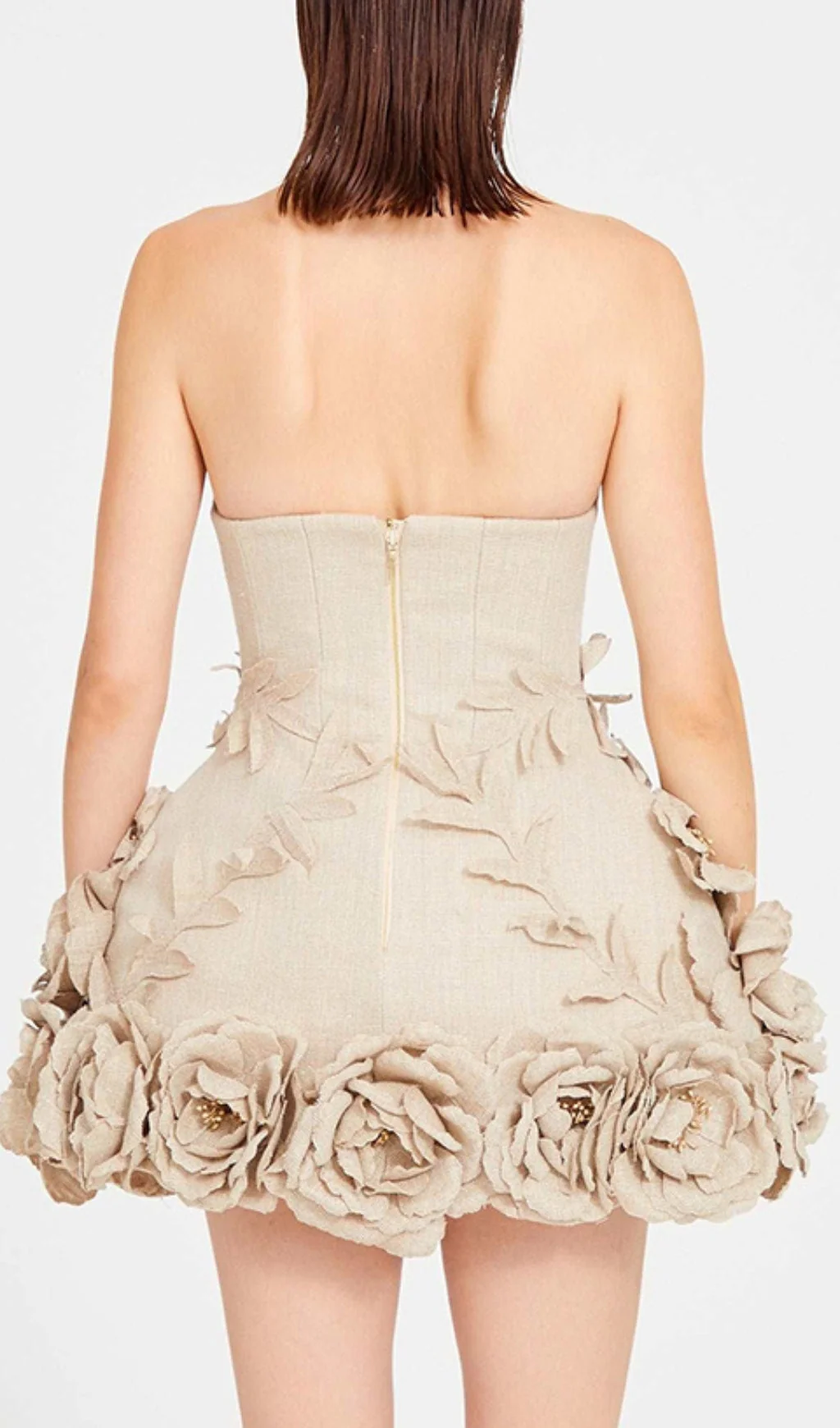 Beige Linen Corset Mini Dress with Flower Details