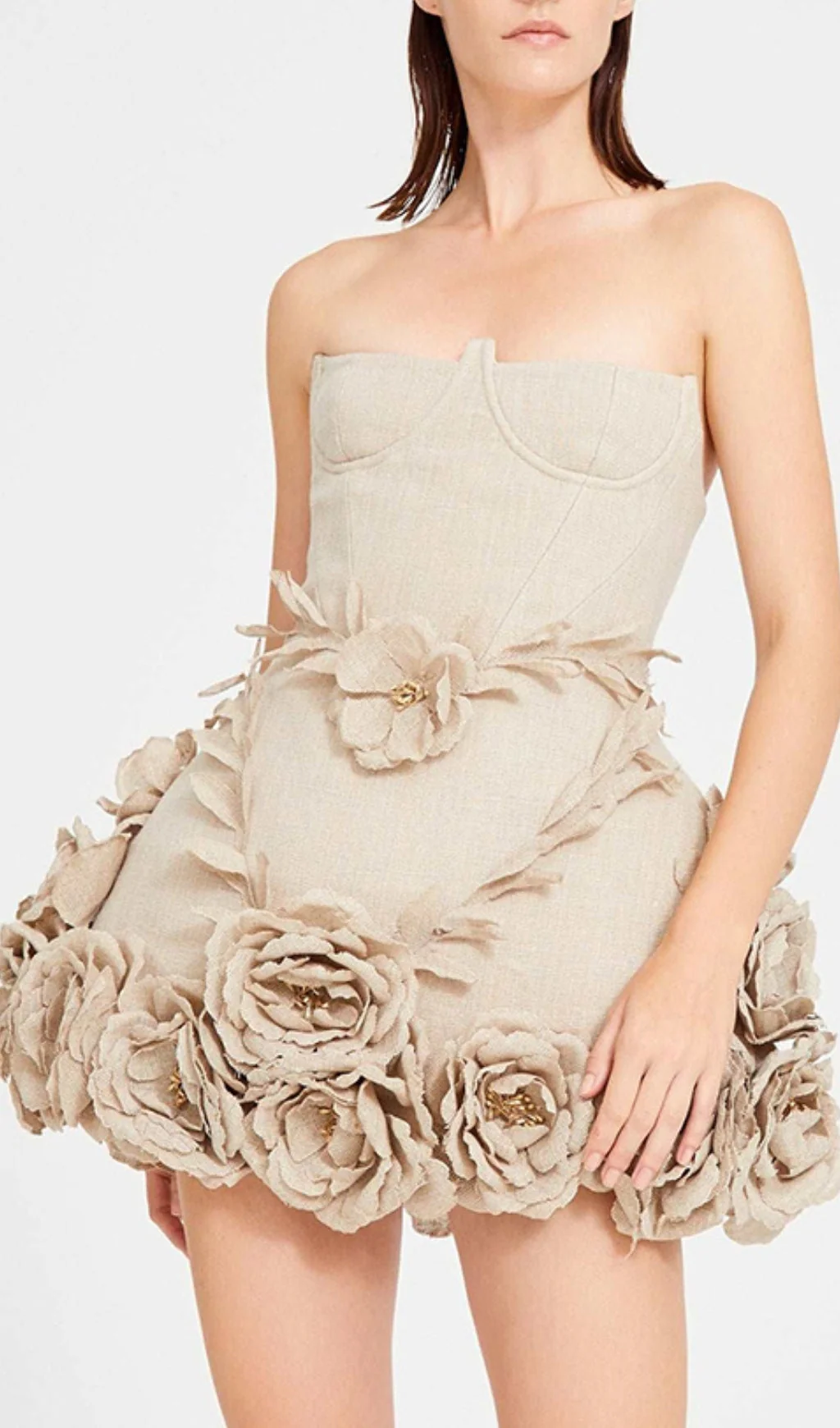 Beige Linen Corset Mini Dress with Flower Details