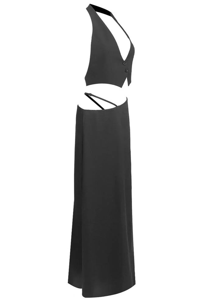 Black Silk Crop Top Maxi Skirts Set Elegant Outfit Dress