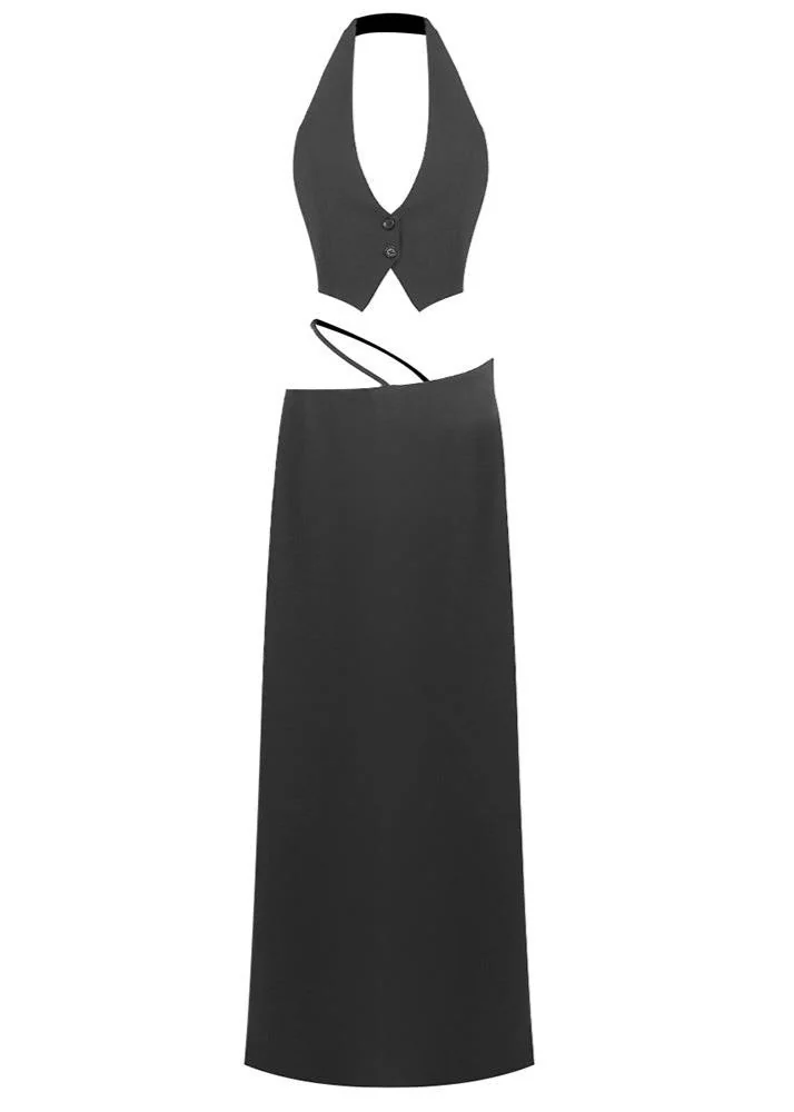Black Silk Crop Top Maxi Skirts Set Elegant Outfit Dress