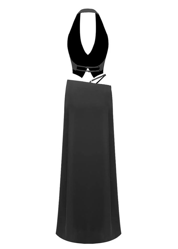 Black Silk Crop Top Maxi Skirts Set Elegant Outfit Dress