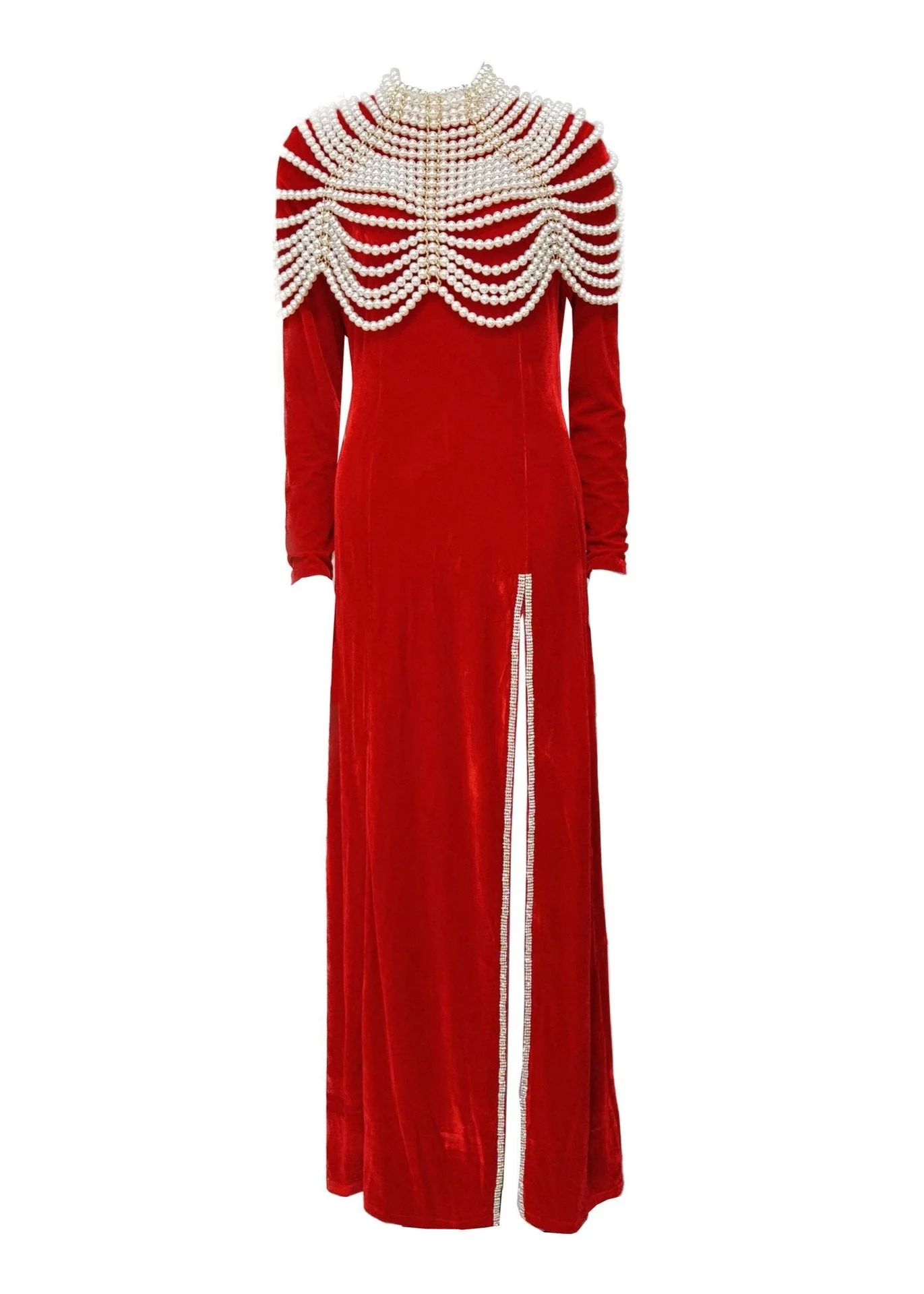 Red Velvet Maxi Dress with Pearl Embellishments