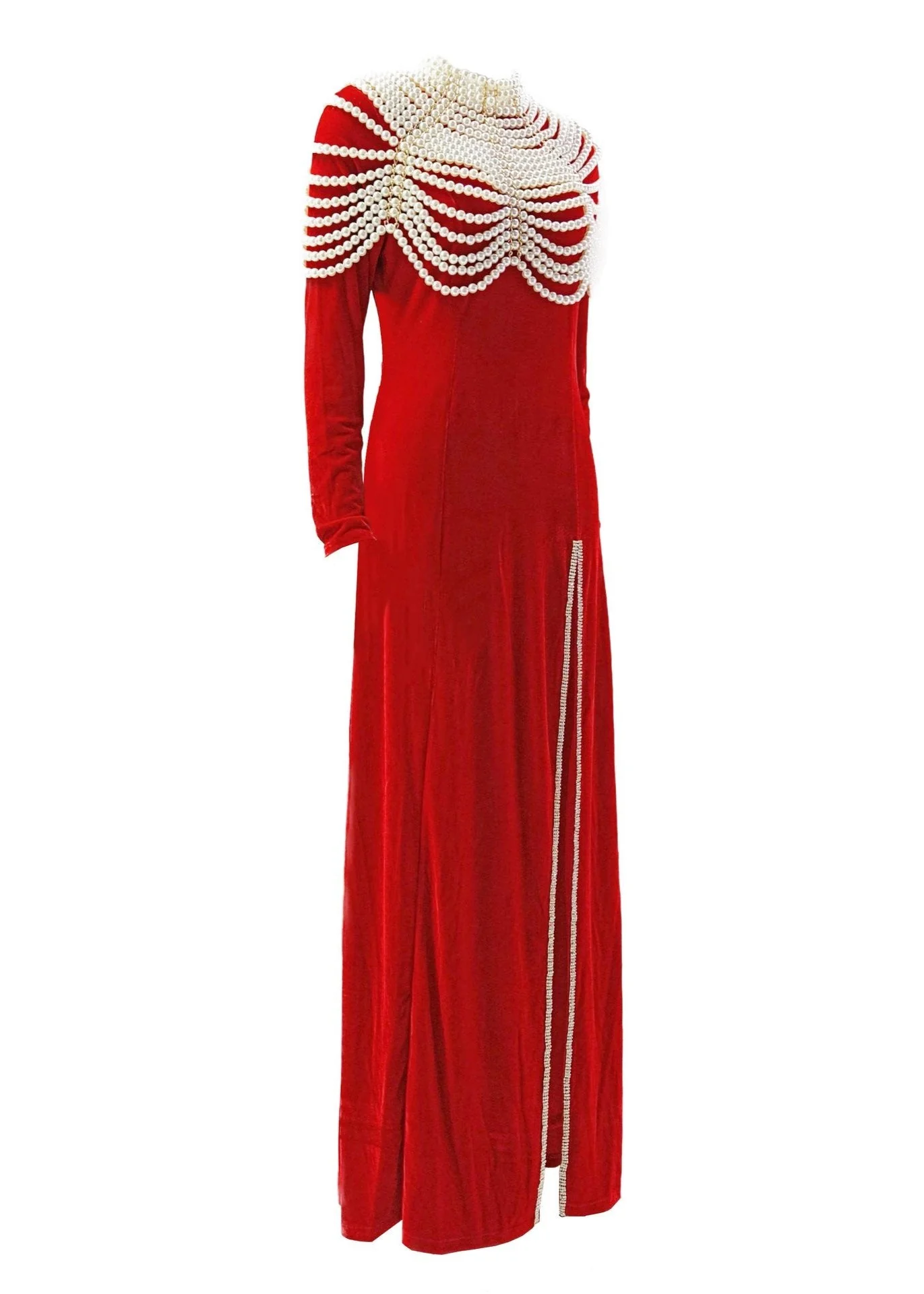 Red Velvet Maxi Dress with Pearl Embellishments