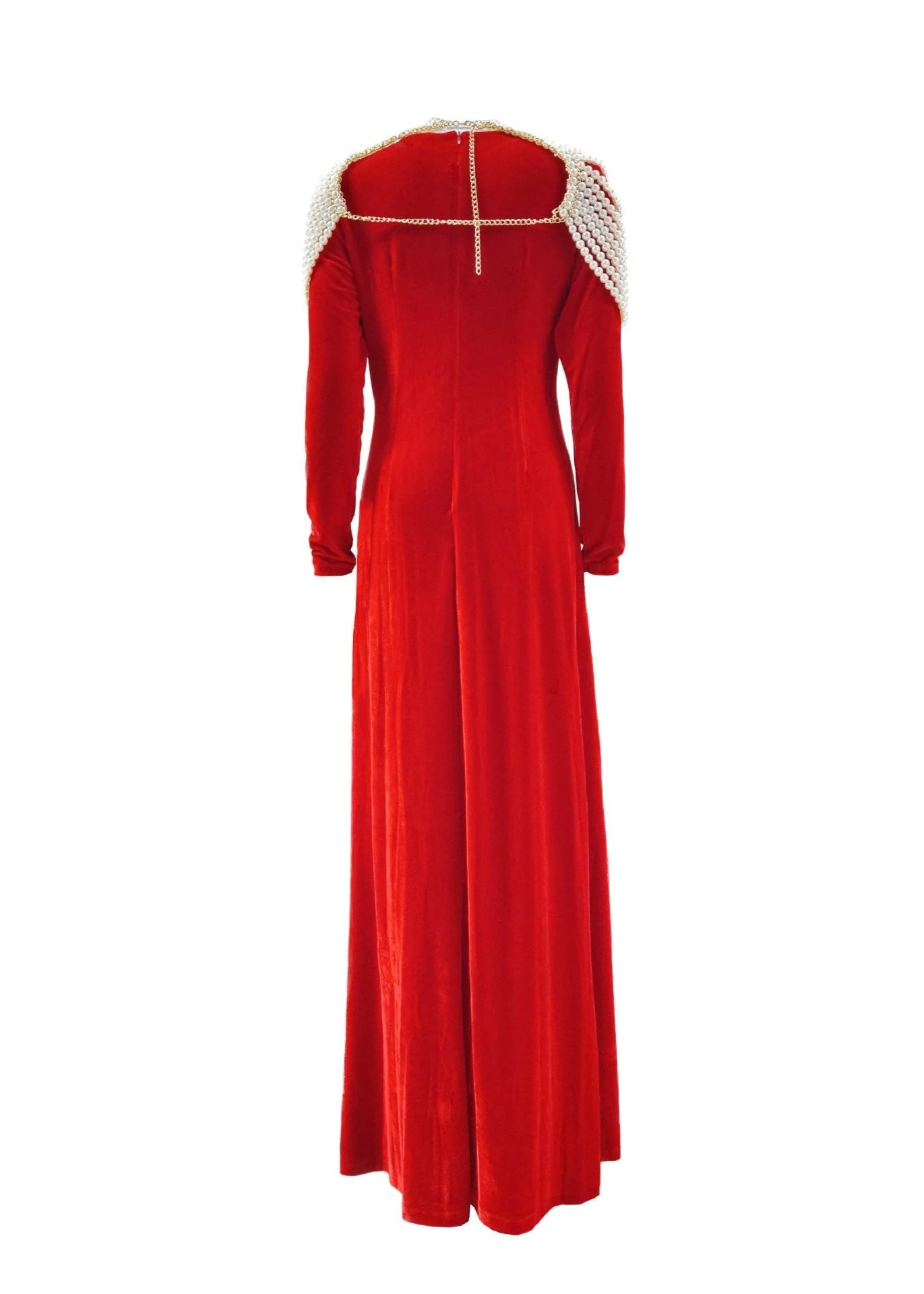Red Velvet Maxi Dress with Pearl Embellishments