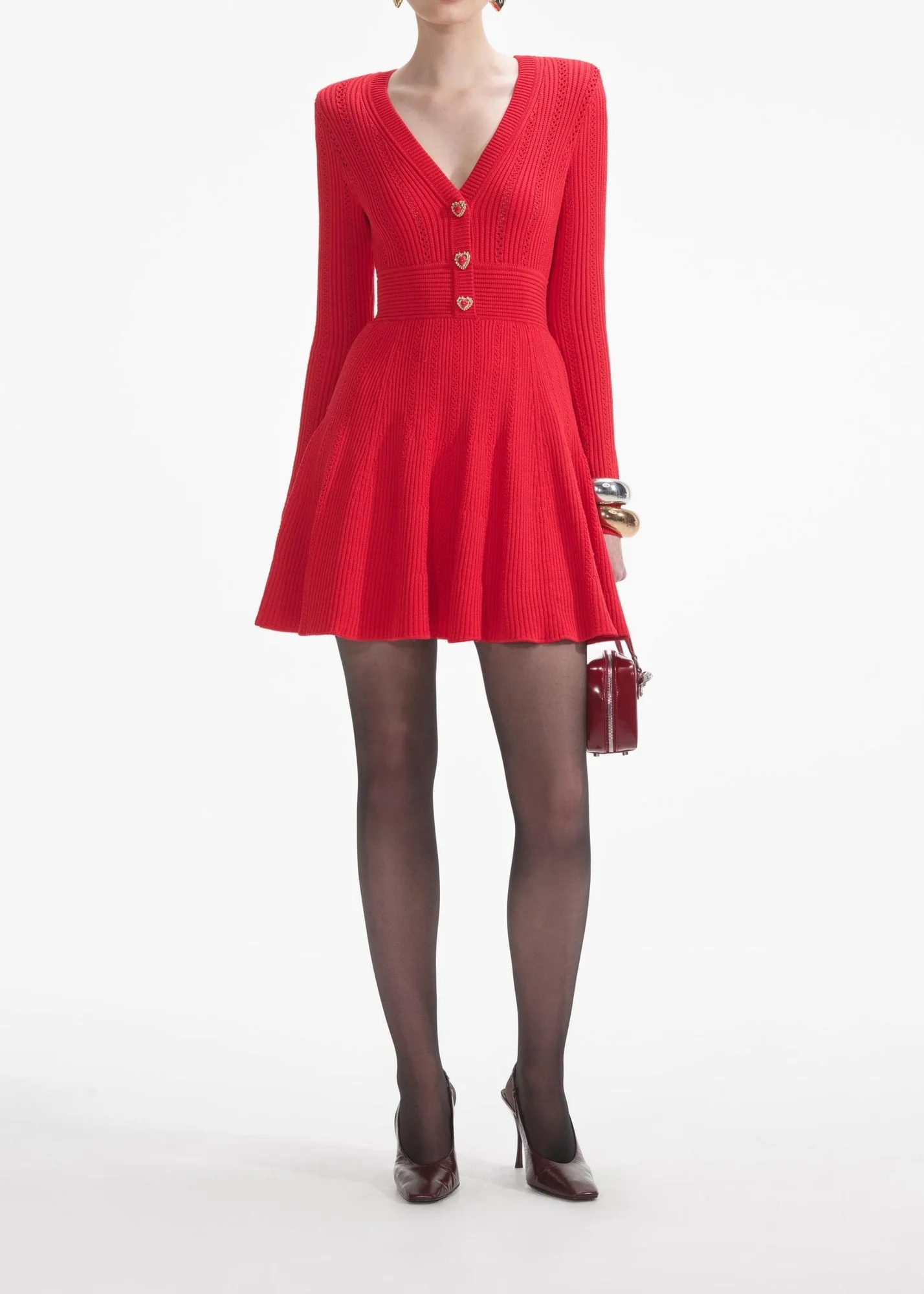 Red Pointelle Knit Mini Dress with Button Closure