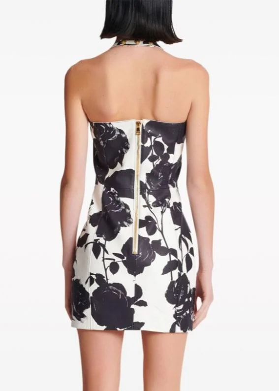 Floral Print Leather Mini Dress - Stylish V-Neck Design