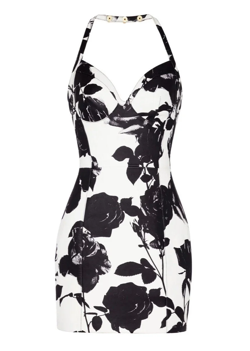 Floral Print Leather Mini Dress - Stylish V-Neck Design