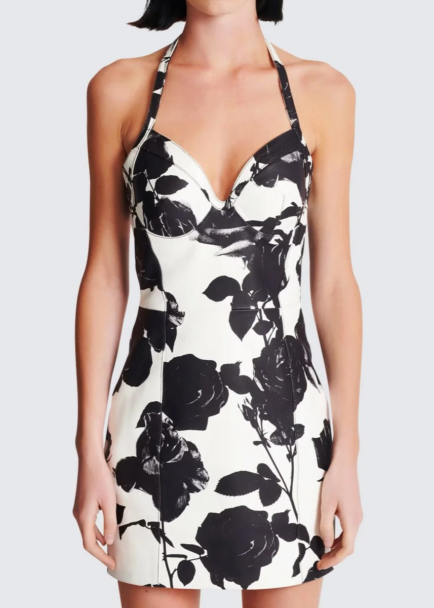 Floral Print Leather Mini Dress - Stylish V-Neck Design
