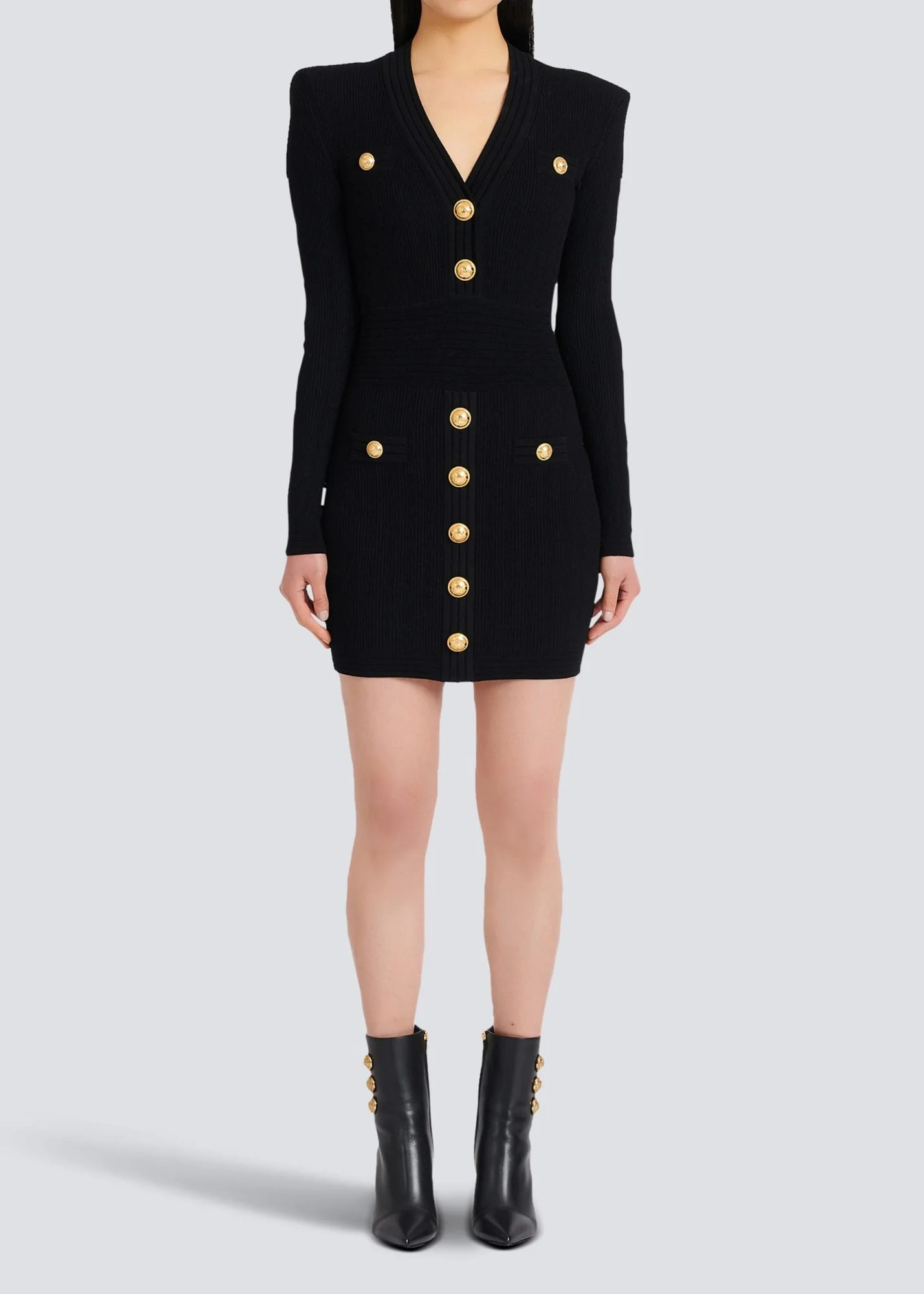 Elegant Knitted Black Short Dress with Gold Buttons