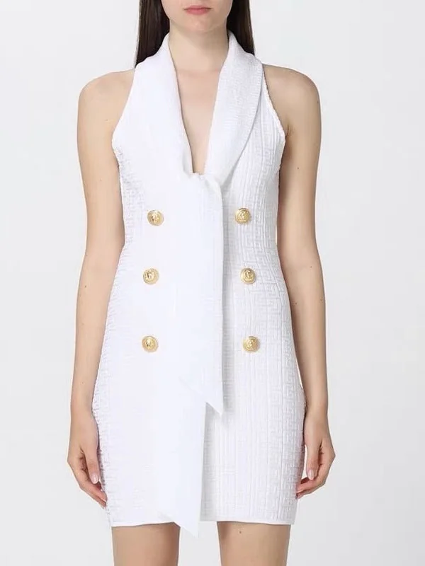 Jacquard Monogram Shawl-Collar Mini Dress in White