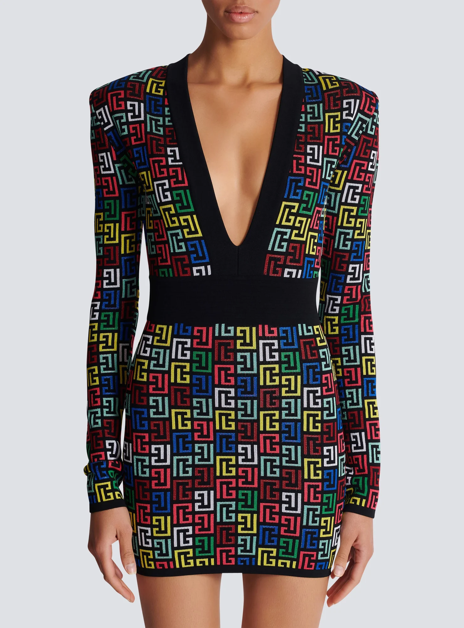 Colorful Knit Mini Dress with V-Neck and Zip Fastening