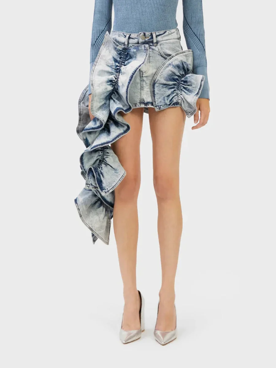 Ruffled Acid Wash Denim Skirt