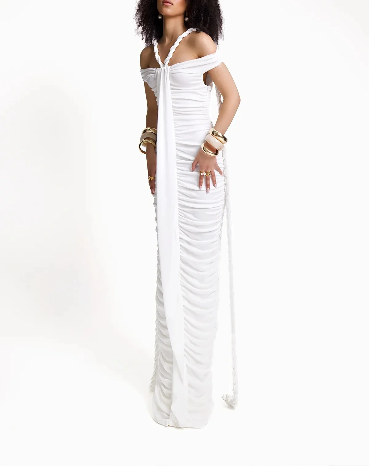 White Braided Pleated Maxi Dress with Rope Neckline Detail