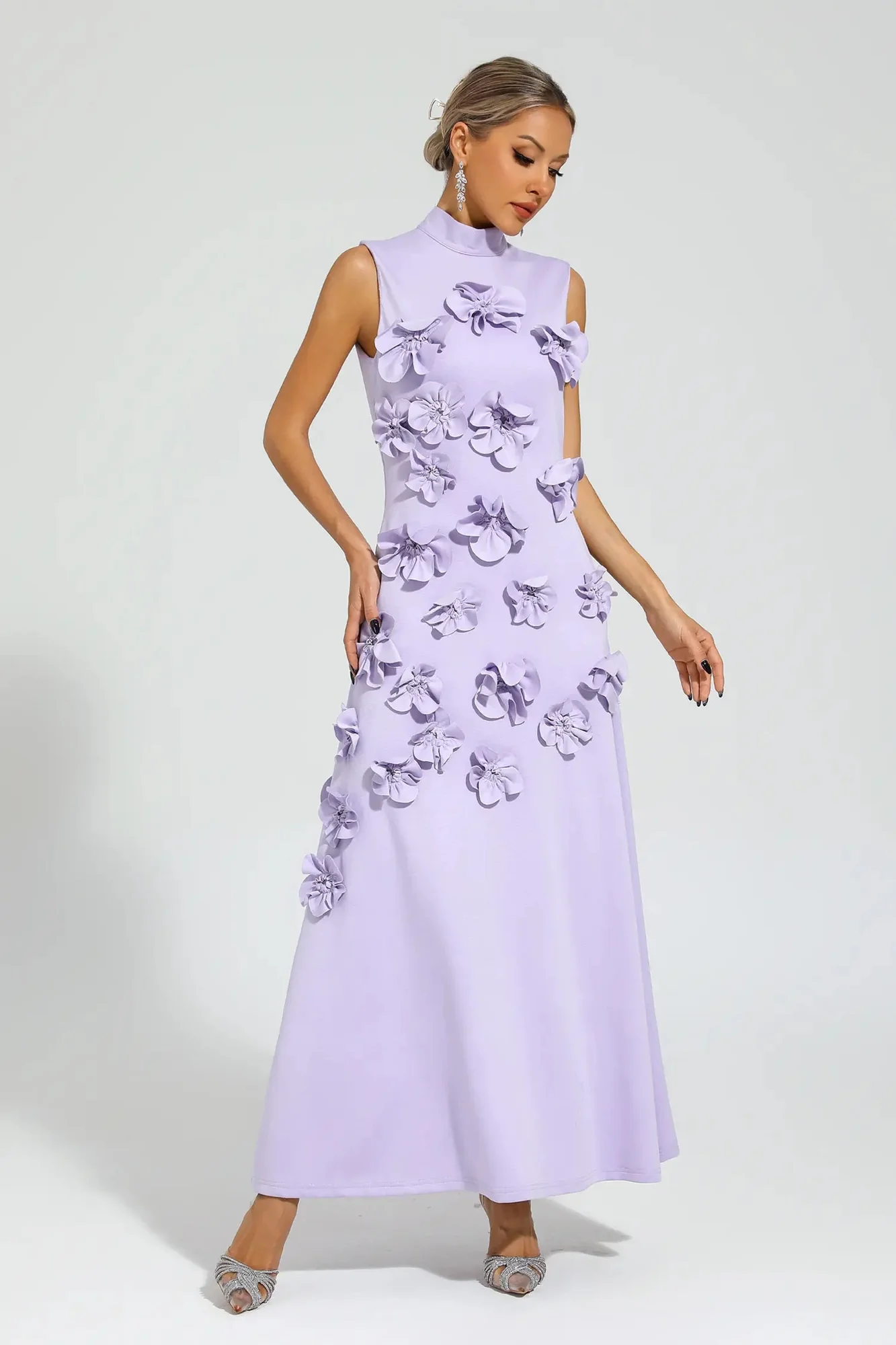 Rose Floral Maxi Purple Dress - Elegant Sleeveless Tie-Waist Design