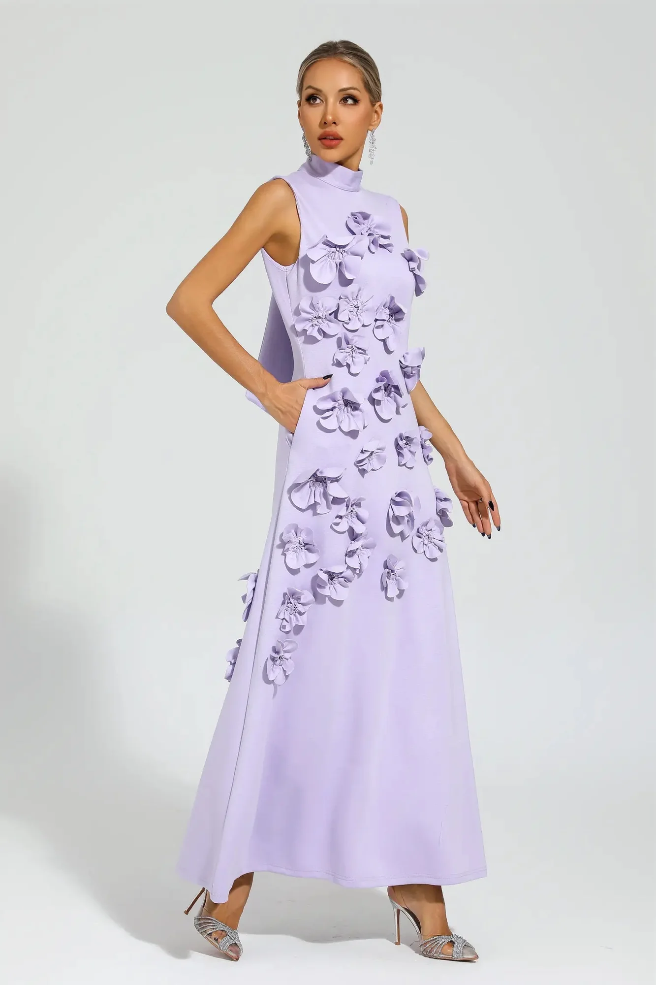 Rose Floral Maxi Purple Dress - Elegant Sleeveless Tie-Waist Design