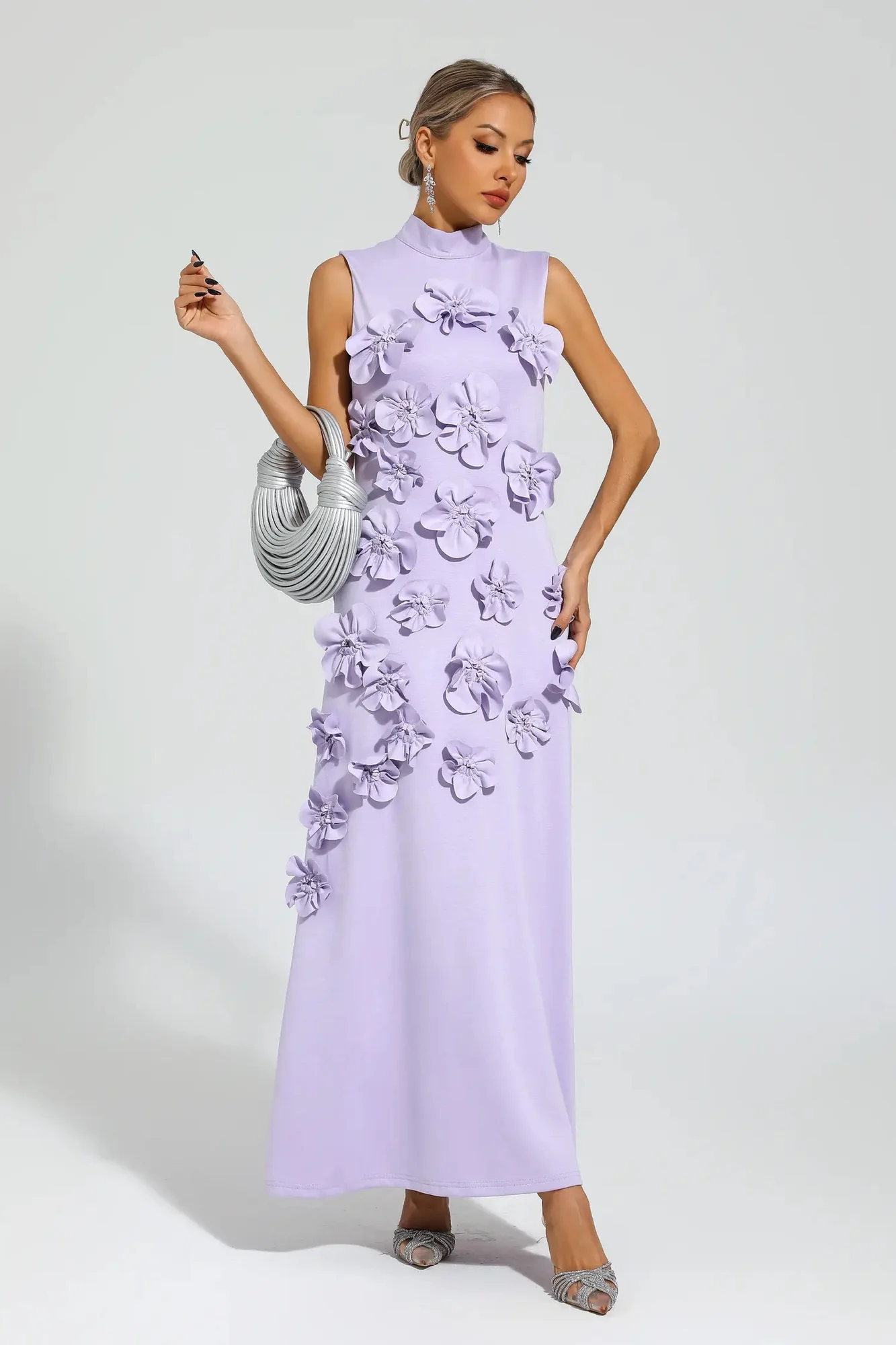 Rose Floral Maxi Purple Dress - Elegant Sleeveless Tie-Waist Design