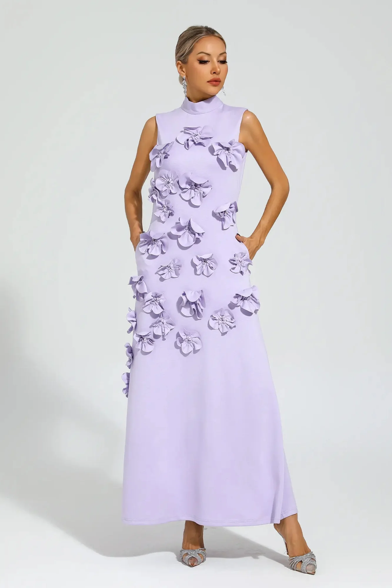Rose Floral Maxi Purple Dress - Elegant Sleeveless Tie-Waist Design