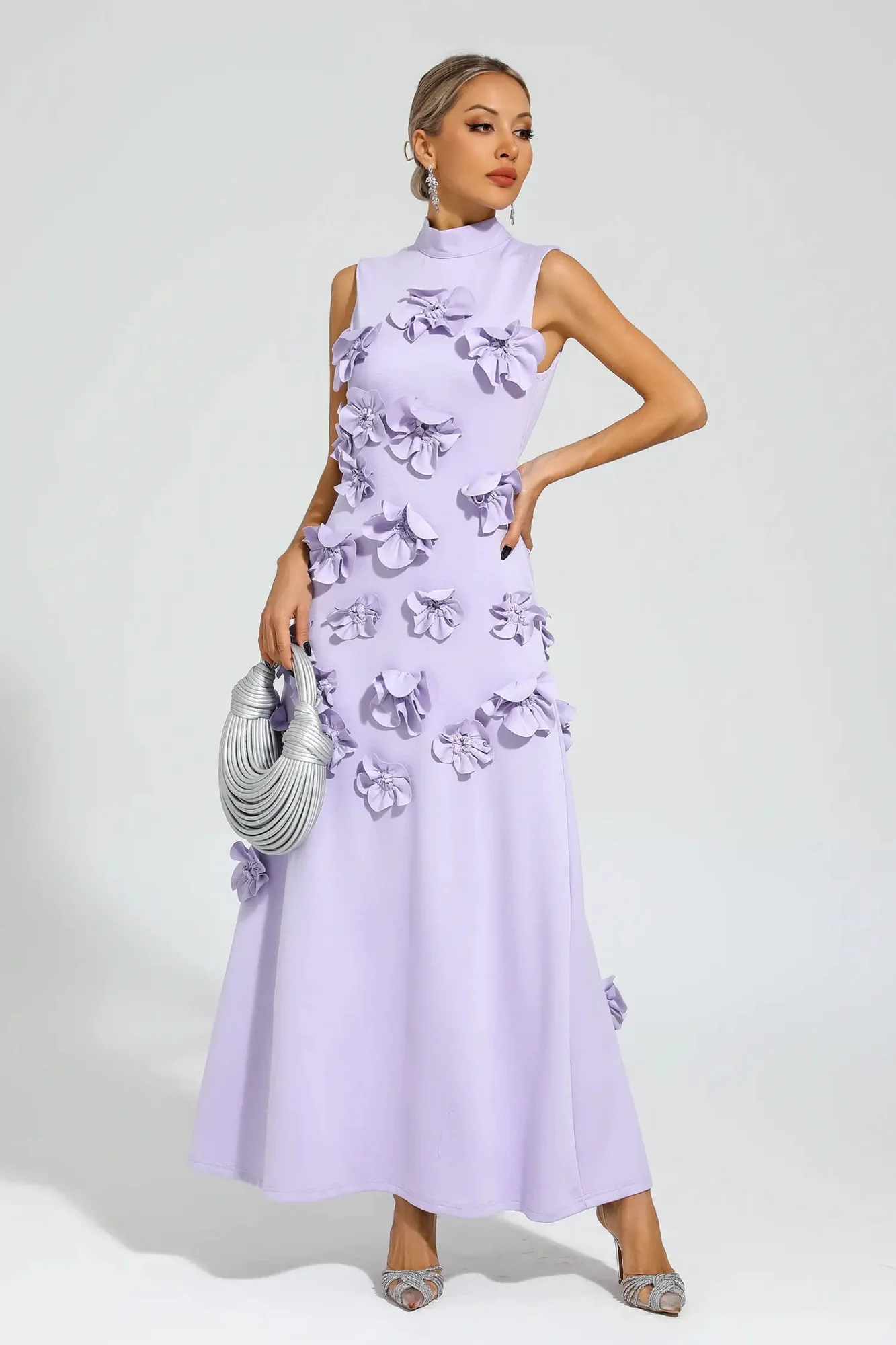 Rose Floral Maxi Purple Dress - Elegant Sleeveless Tie-Waist Design