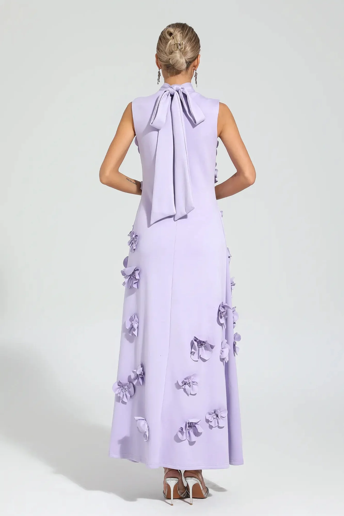 Rose Floral Maxi Purple Dress - Elegant Sleeveless Tie-Waist Design