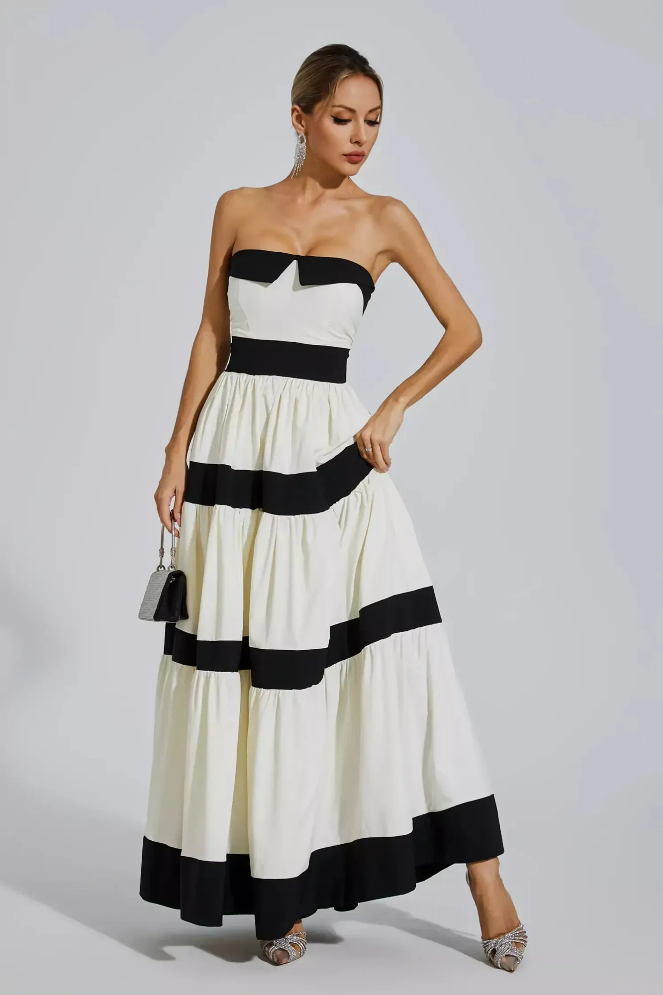 White Strapless Striped Bowknot Maxi Dress