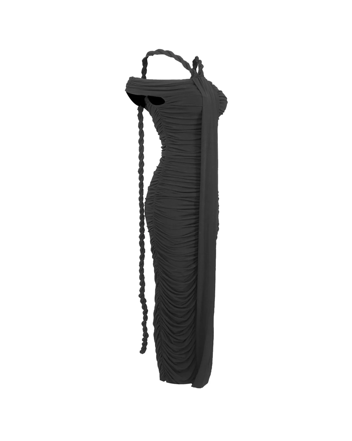 Black Braided Maxi Dress with Ruched Detailing