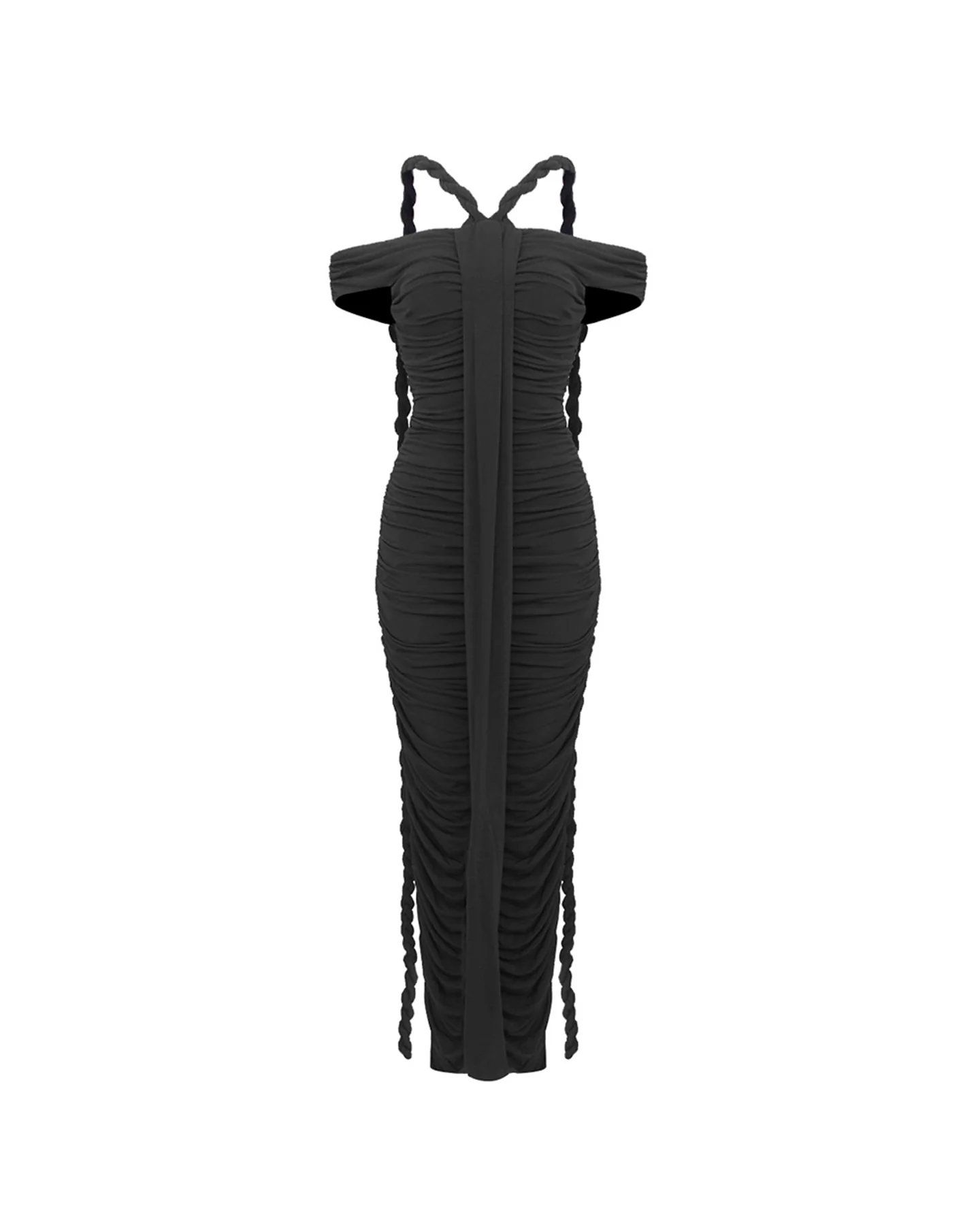 Black Braided Maxi Dress with Ruched Detailing