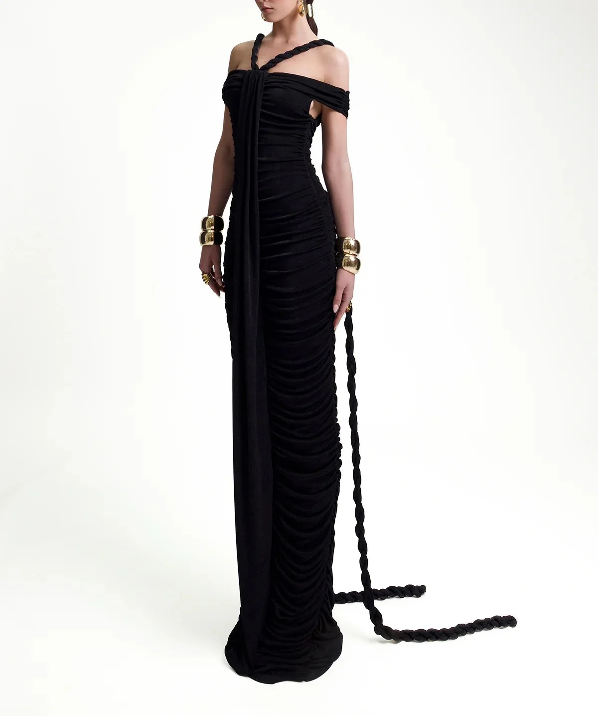 Black Braided Maxi Dress with Ruched Detailing