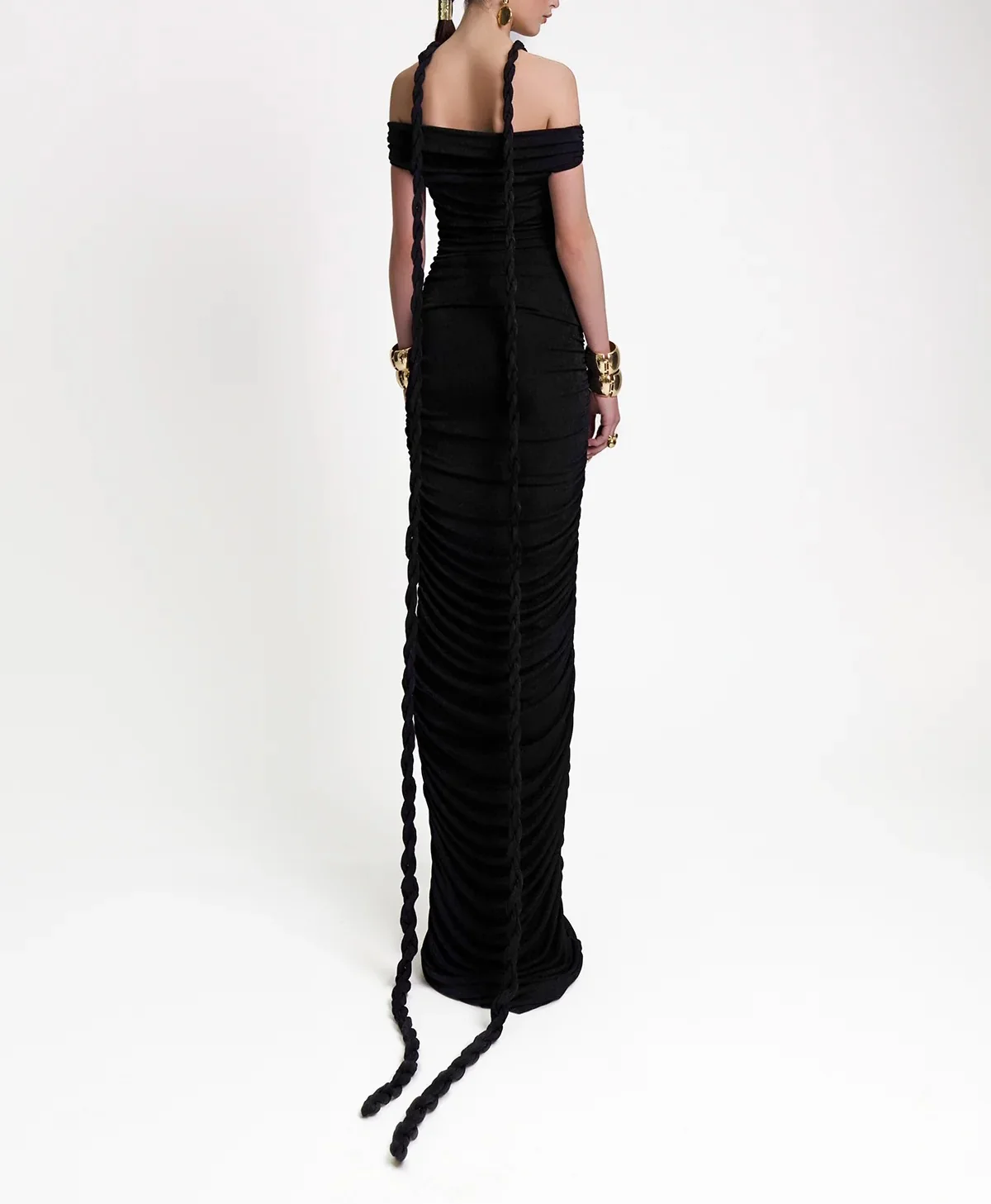 Black Braided Maxi Dress with Ruched Detailing