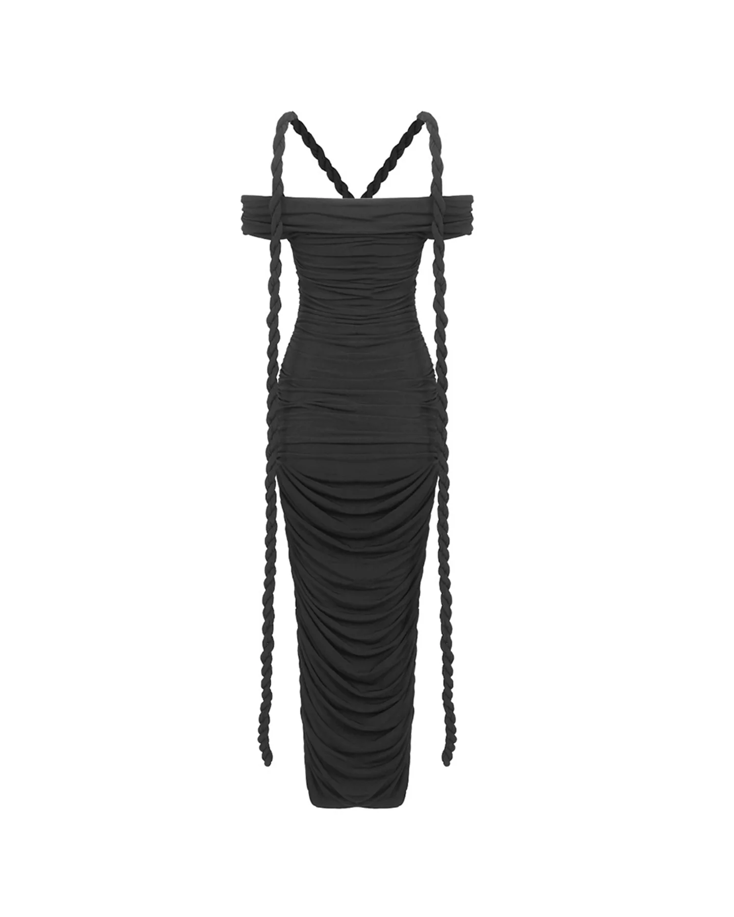Black Braided Maxi Dress with Ruched Detailing
