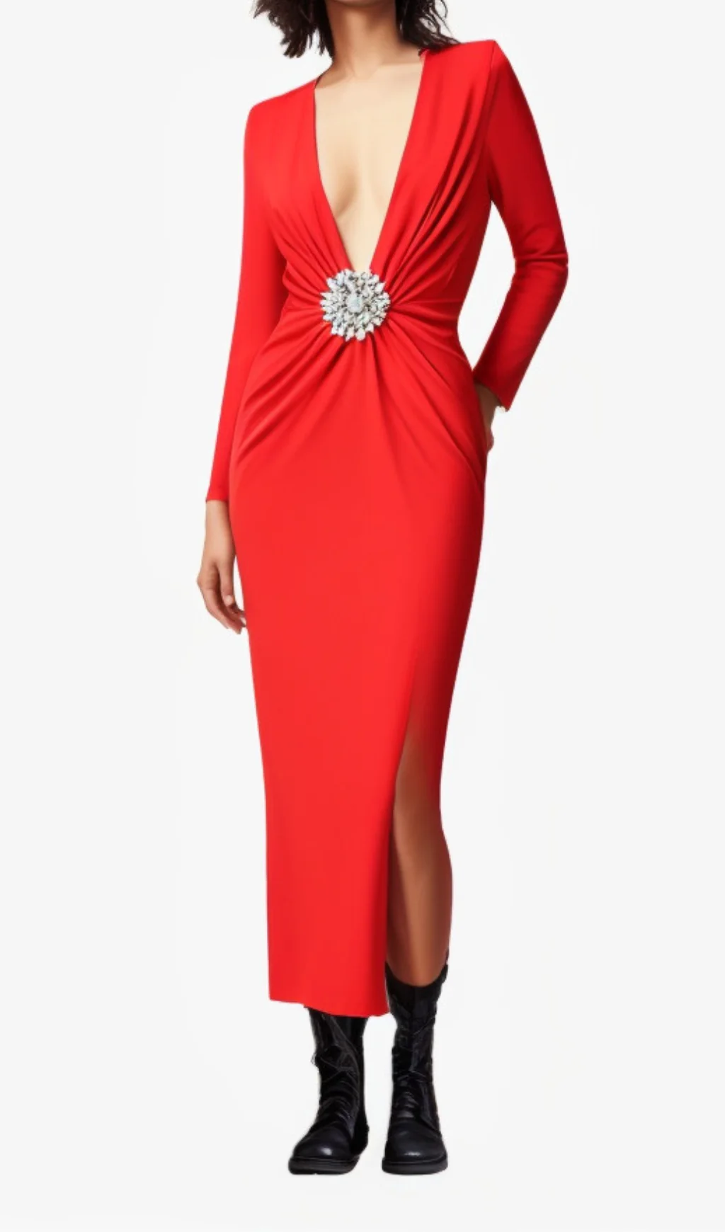 Red V-Neck Maxi Dress with Floral Embellishments