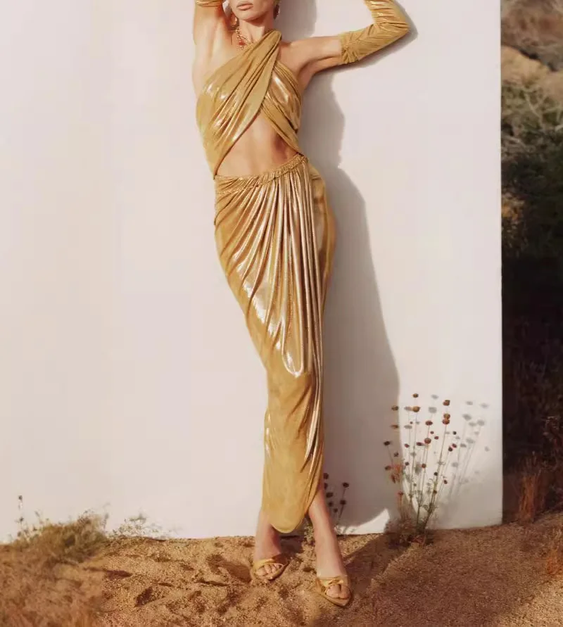 Yellow Ruched Leather Midi Dress - Elegant Chic Style