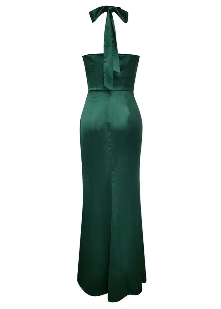 Green Satin Mermaid Maxi Dress with Halter Neckline