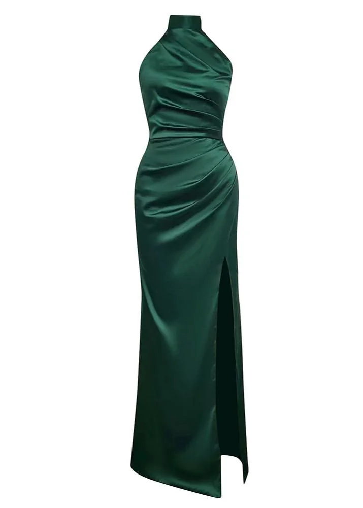 Green Satin Mermaid Maxi Dress with Halter Neckline