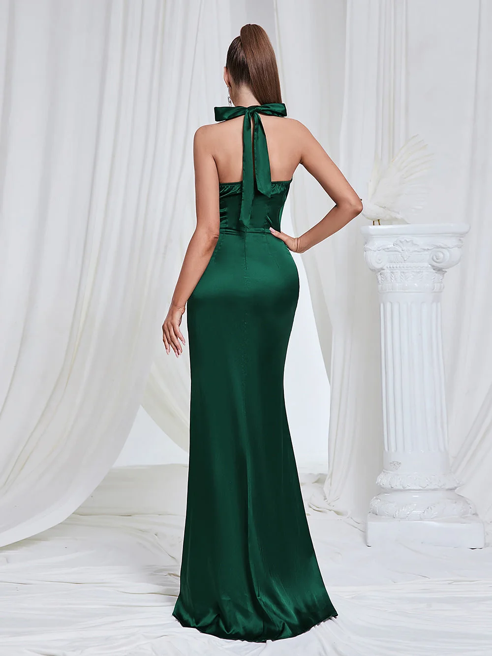 Green Satin Mermaid Maxi Dress with Halter Neckline