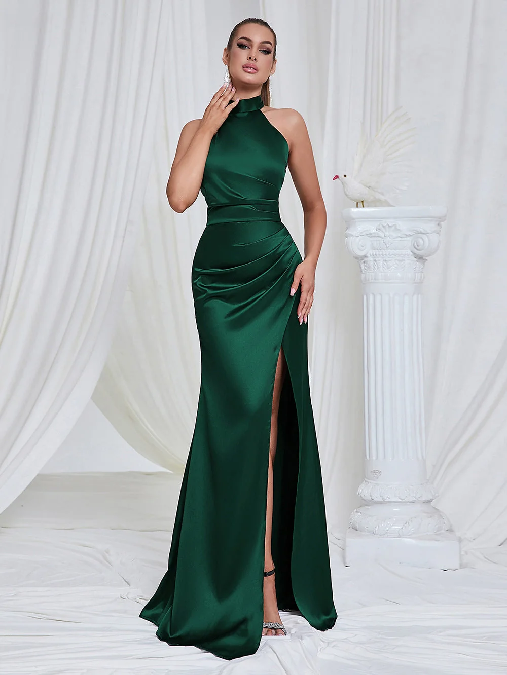 Green Satin Mermaid Maxi Dress with Halter Neckline