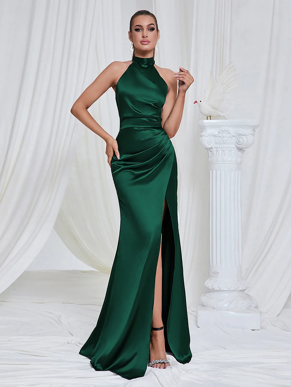 Green Satin Mermaid Maxi Dress with Halter Neckline