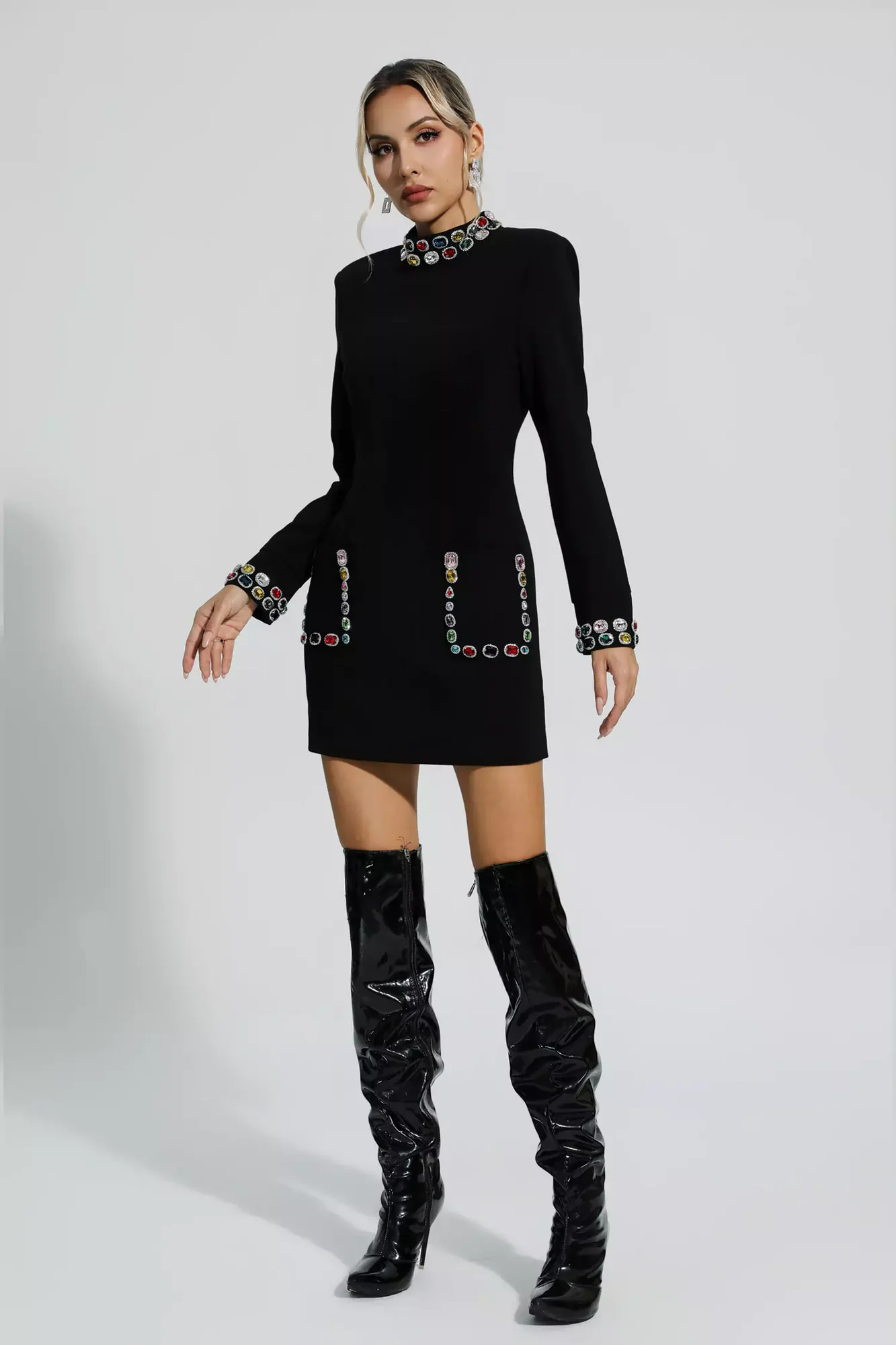 Black Rhinestone Embellished Long Sleeve Mini Dress
