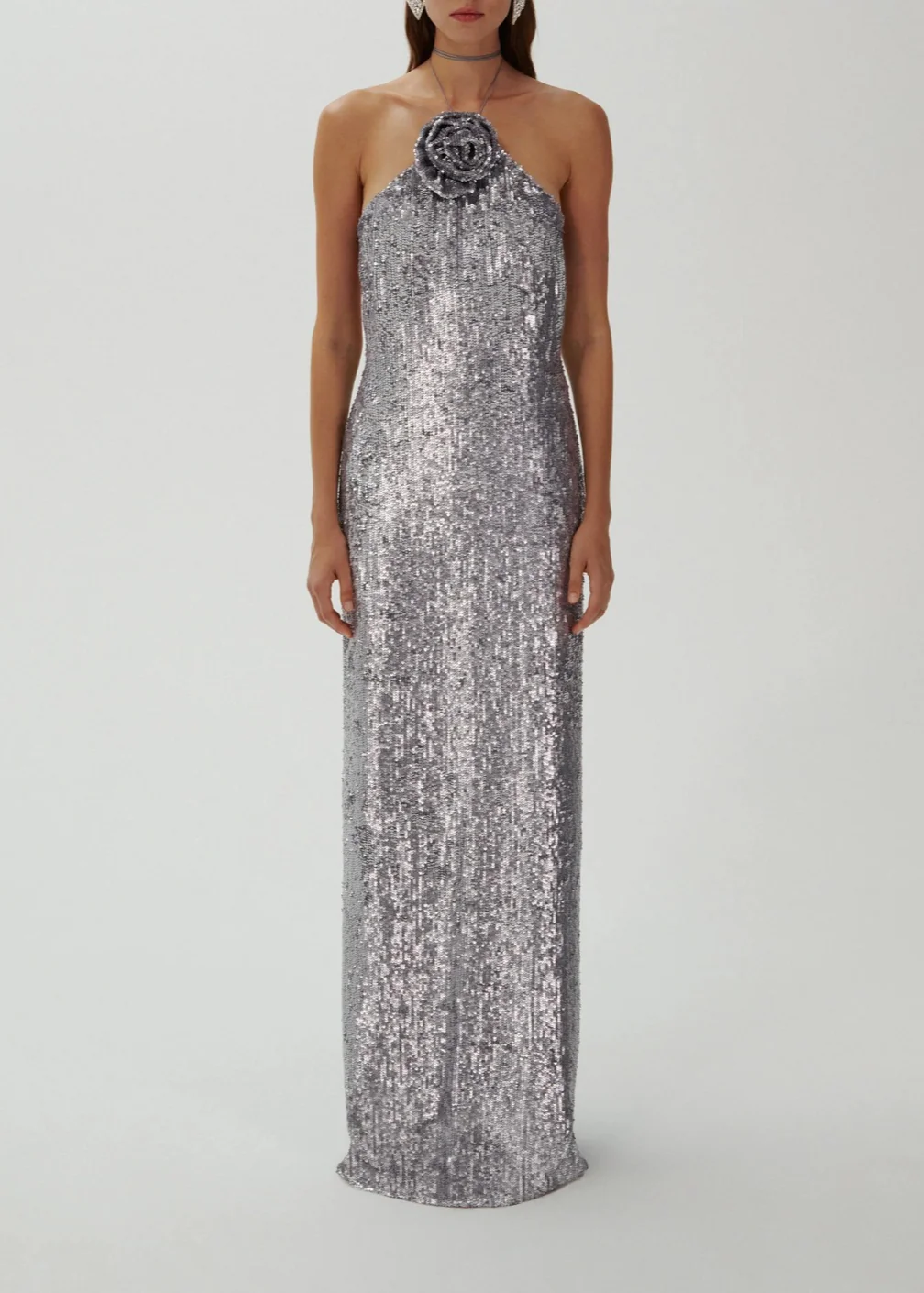 Silver Sequin Maxi Dress with Floral Appliqué Detail