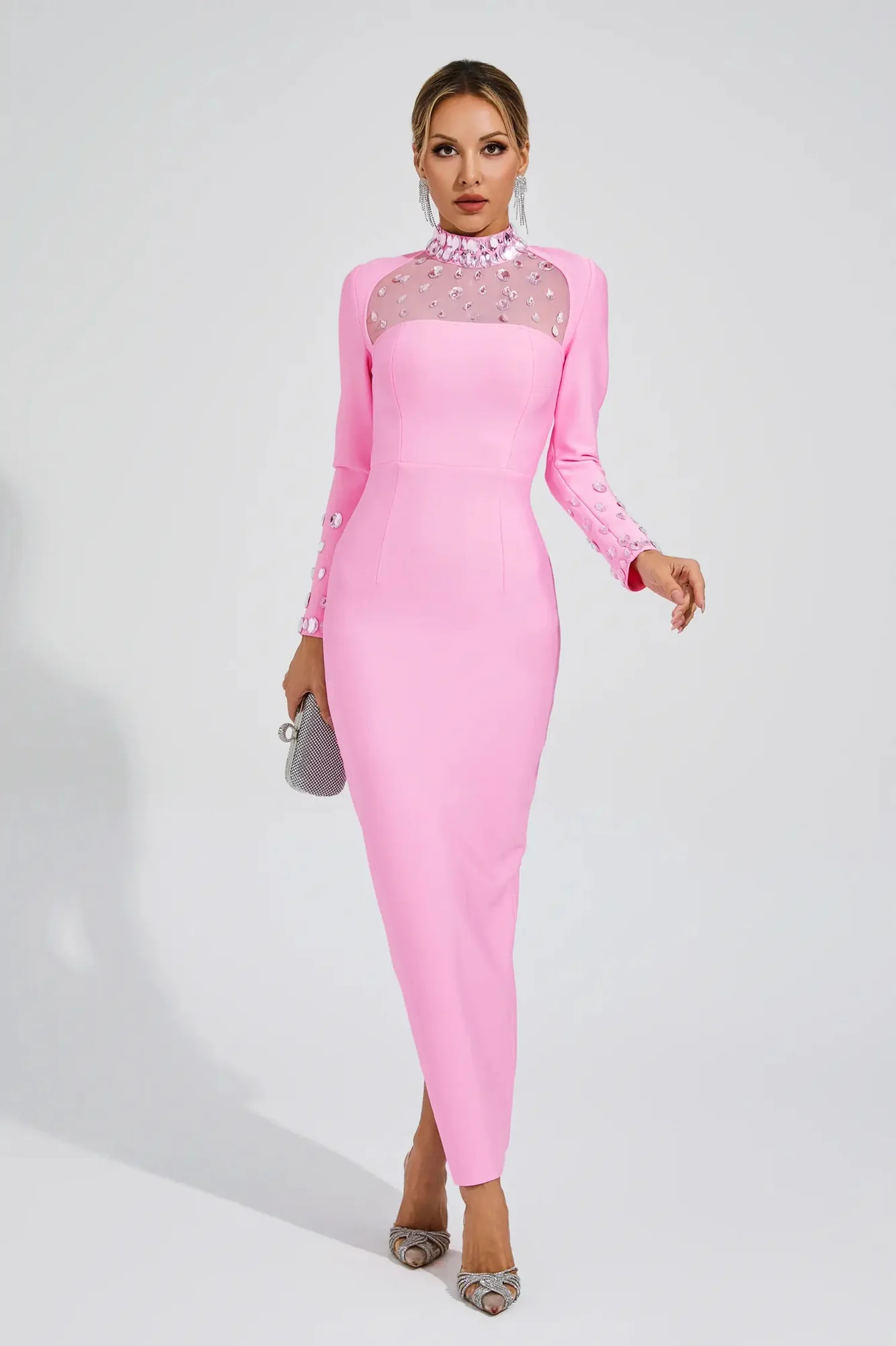 Pink Diamond Embellished Bandage Dress