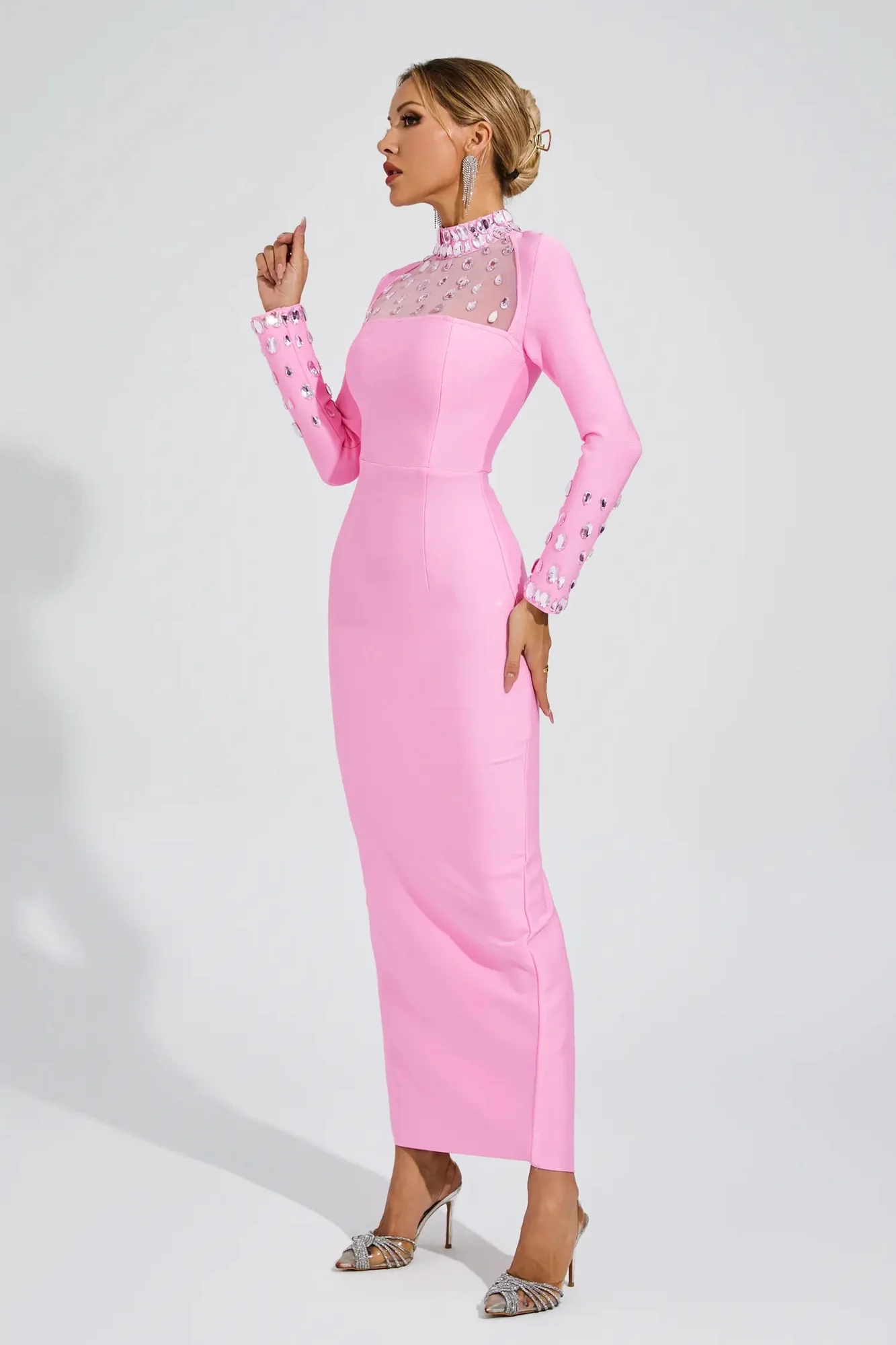 Pink Diamond Embellished Bandage Dress