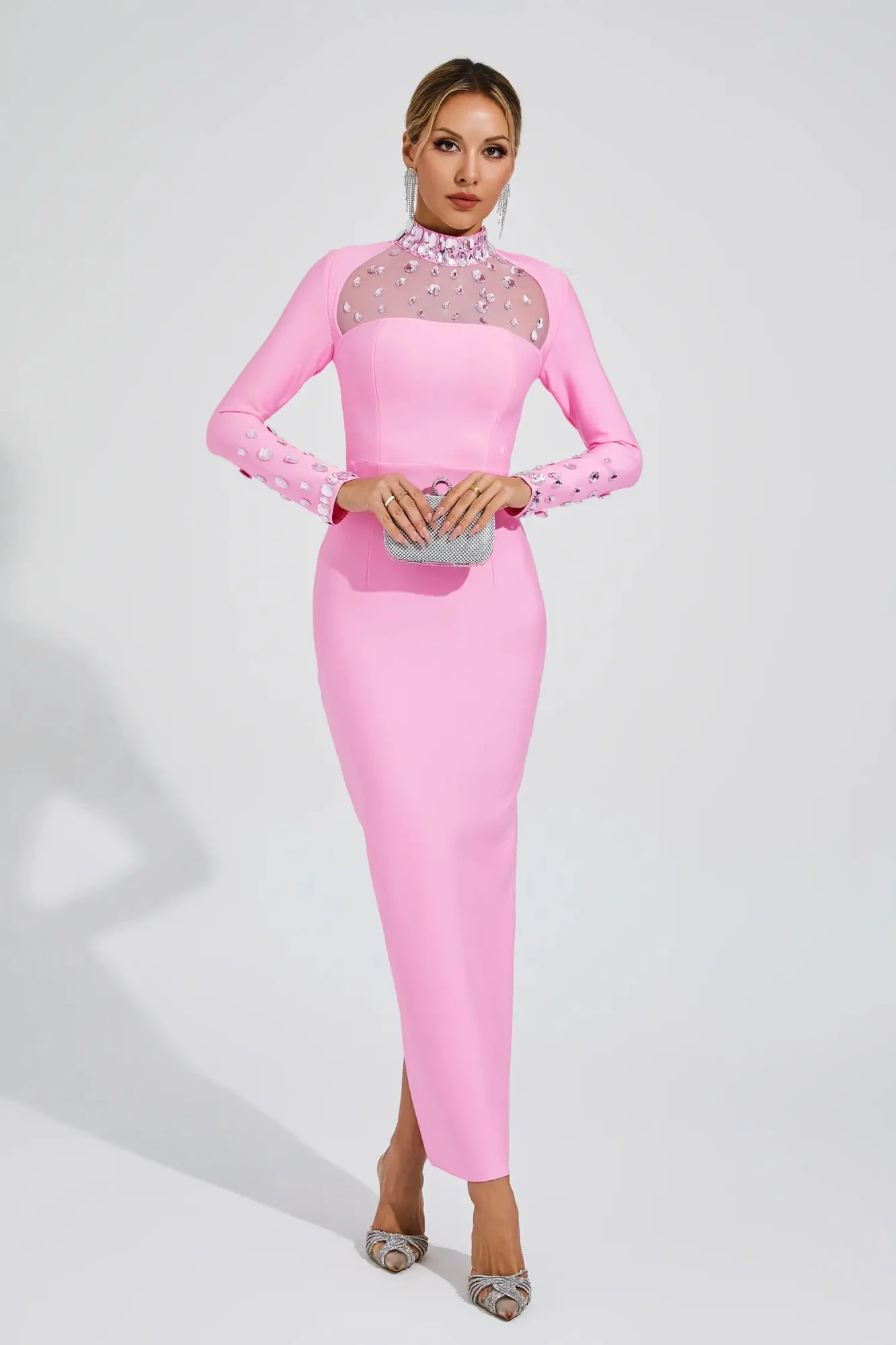 Pink Diamond Embellished Bandage Dress