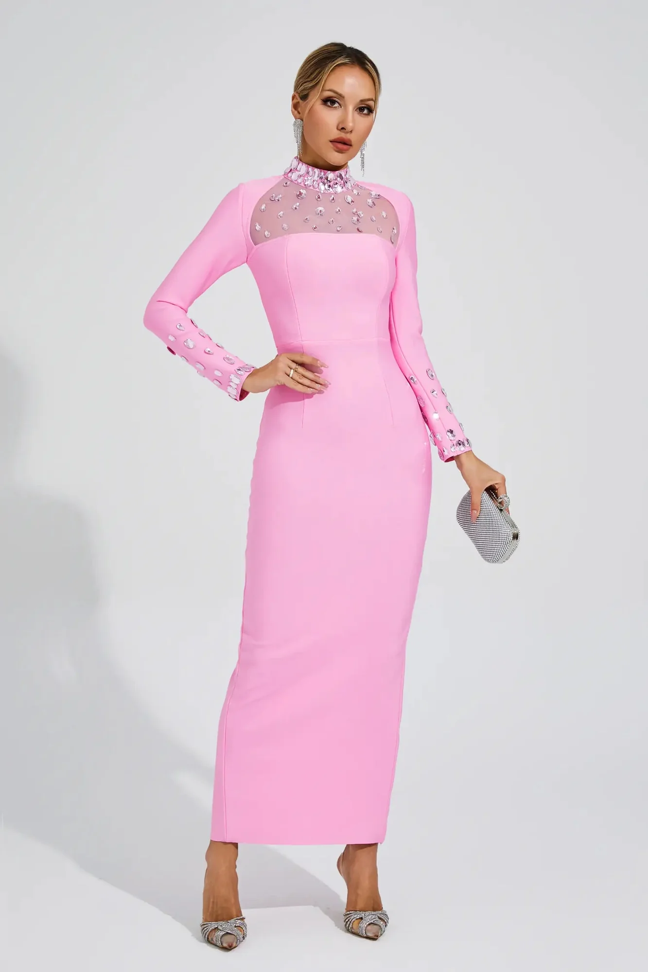 Pink Diamond Embellished Bandage Dress