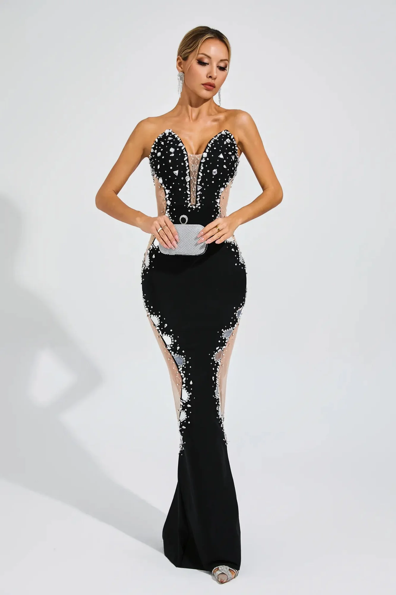 Black Diamond Mesh Bodycon Dress - Elegant Striking Design