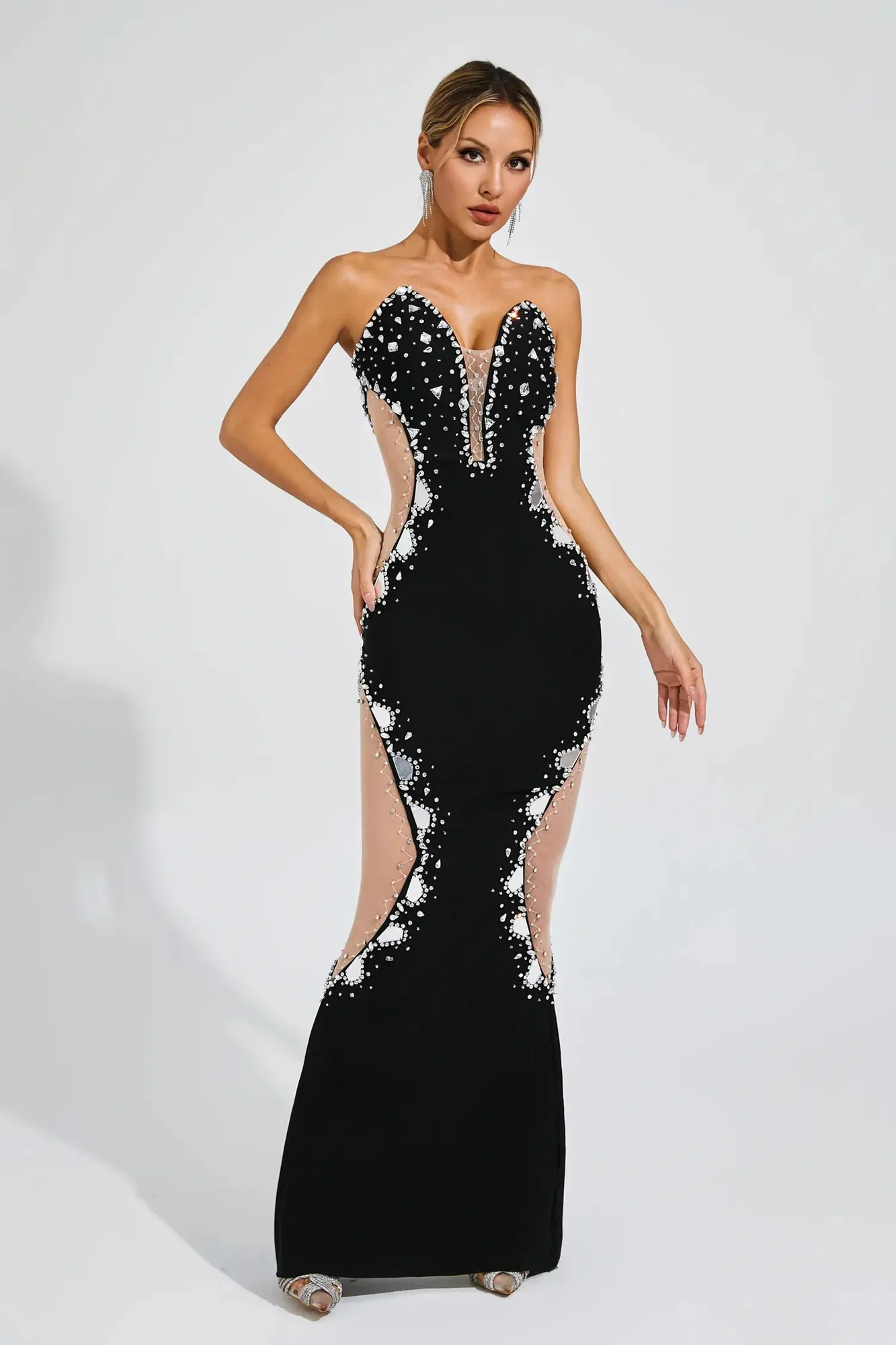 Black Diamond Mesh Bodycon Dress - Elegant Striking Design